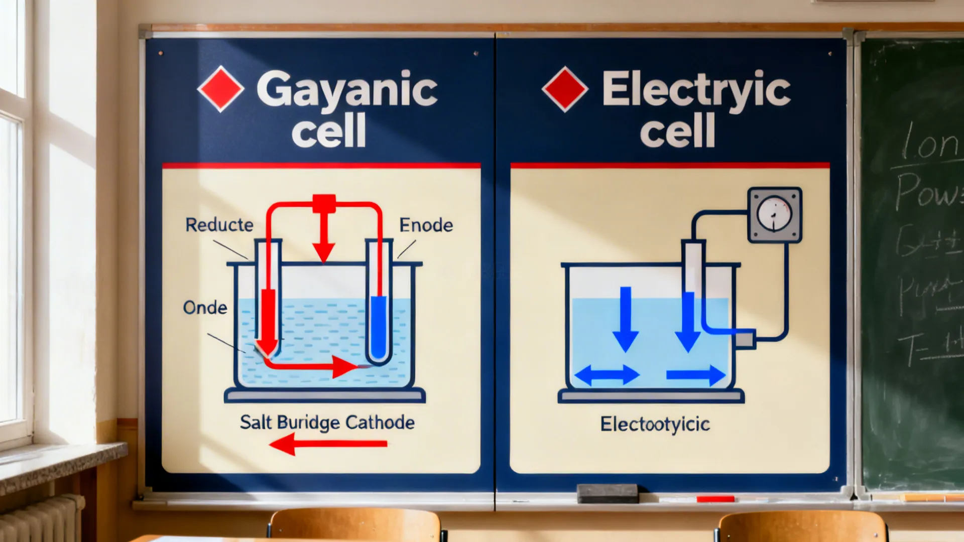 Split electrochemistry chart comparing galvanic and electrolytic cells with clear flows.