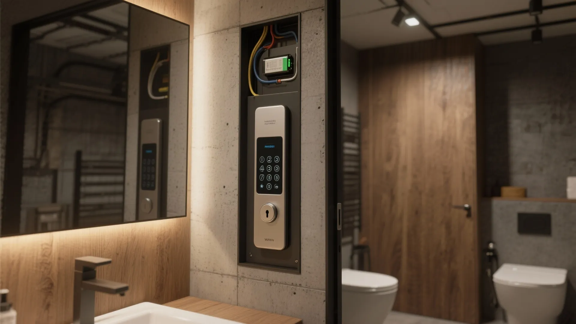 Modern electronic keypad lock installed on a concrete wall next to a bathroom mirror vanity
