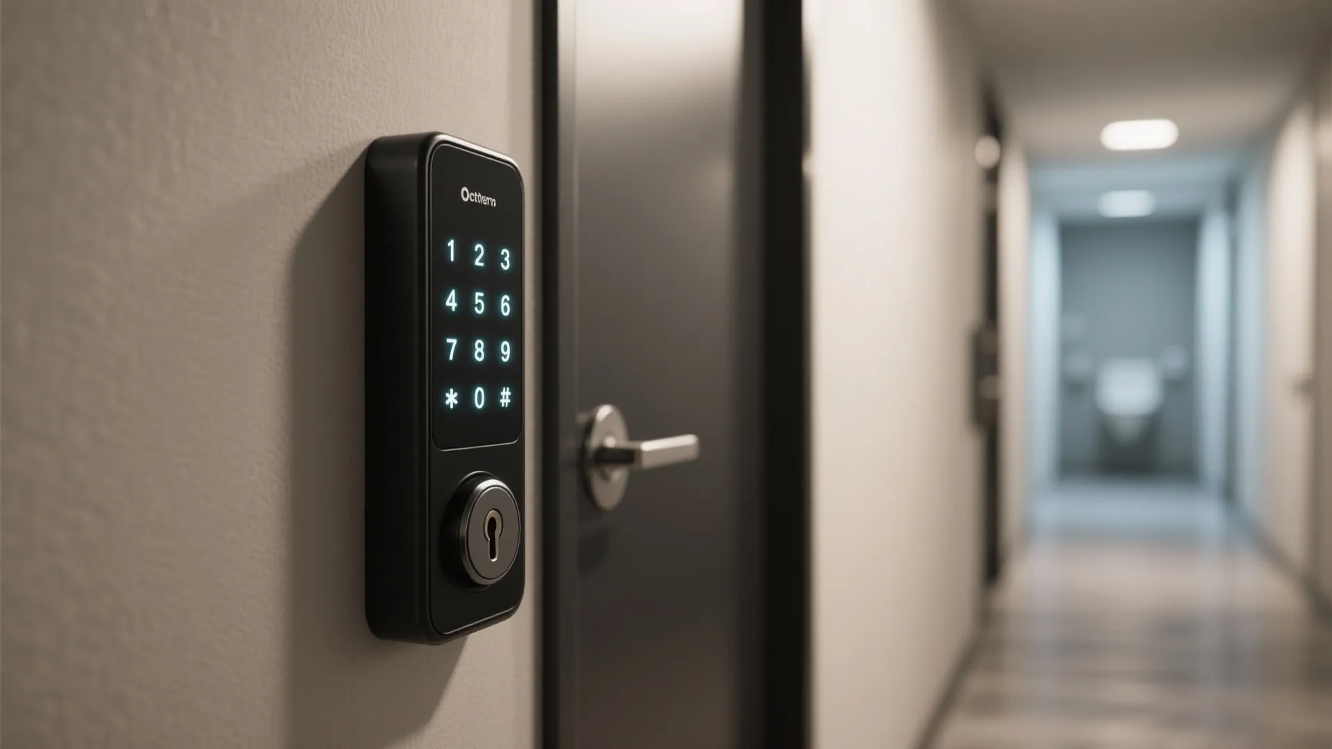 Black digital door lock with glowing keypad numbers installed on a wall near office door