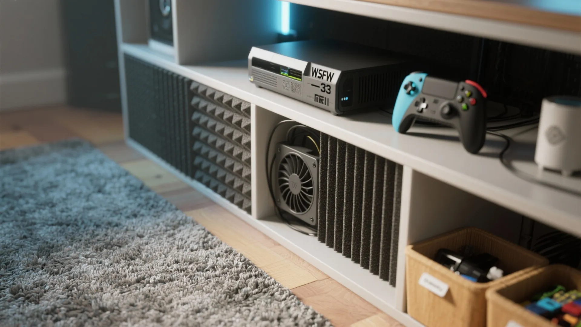 Electronic devices and game controller sitting on white media cabinet with cooling fan and grey rug