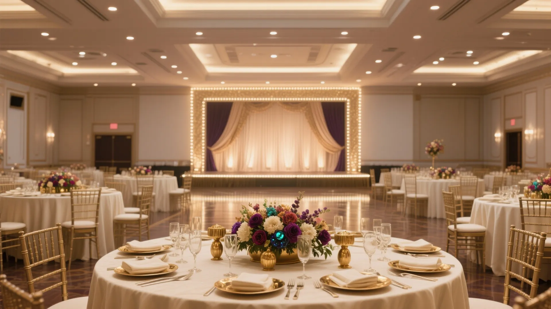Large banquet hall with round tables white cloths gold chairs flower centerpieces and lit stage