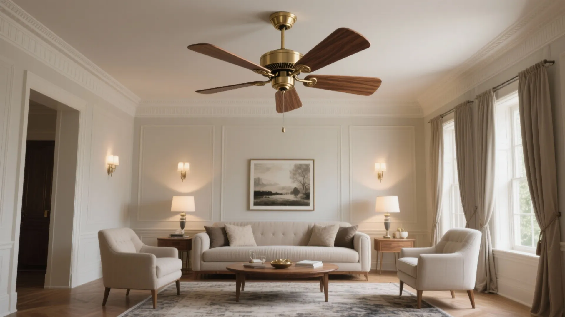 Elegant living room featuring a brass ceiling fan with wood blades above a white sofa