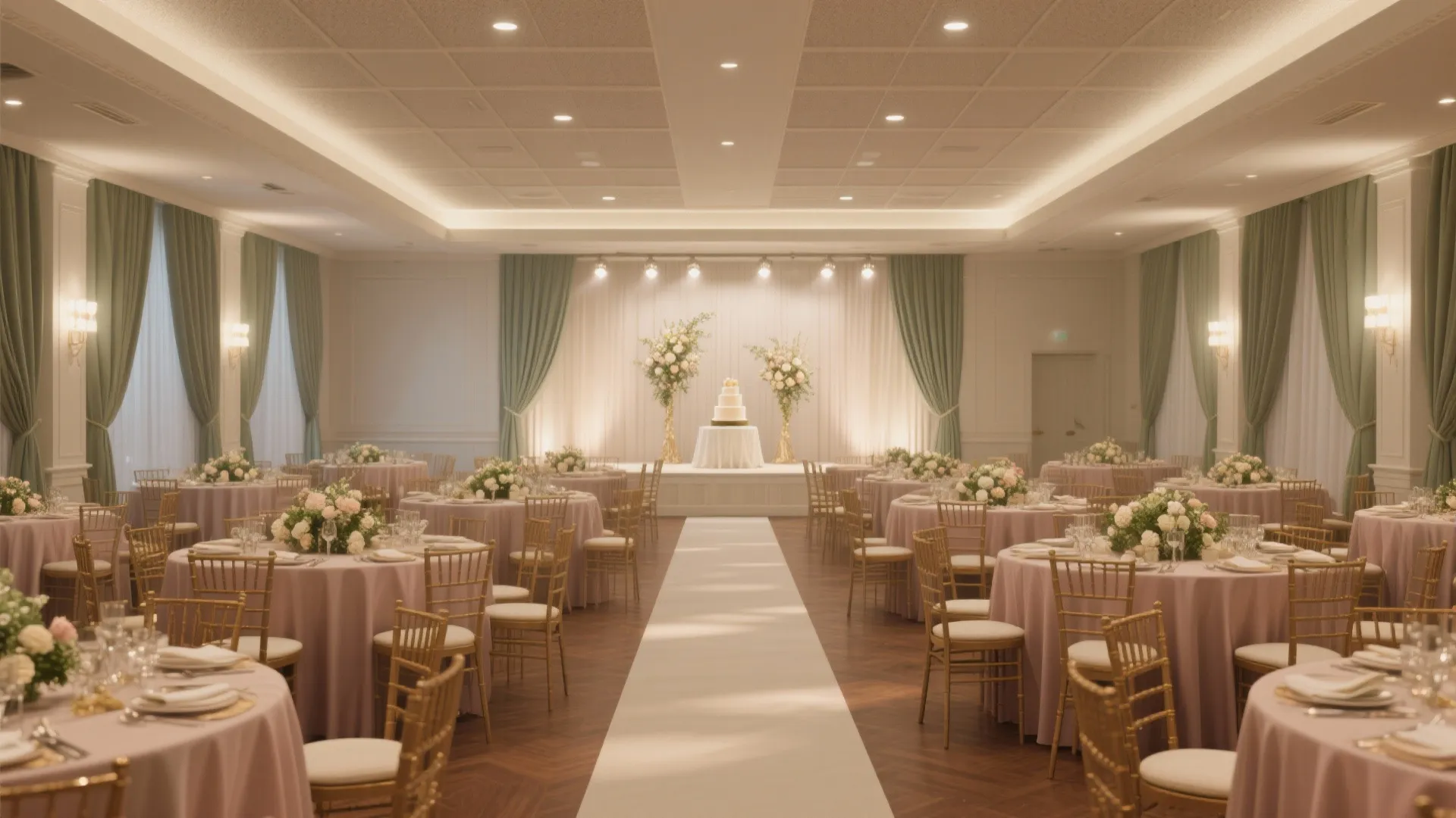 Elegant wedding reception hall with round tables and pink cloths and gold chairs and cake