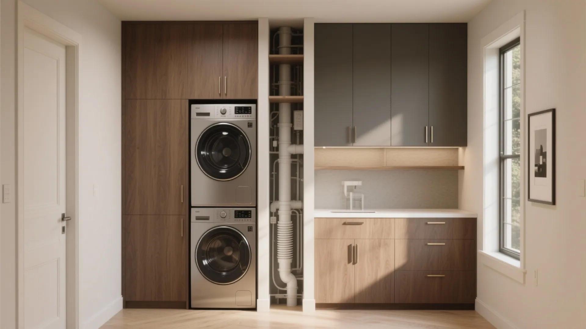 Elegant stacked laundry with a shared mechanical chase and built-in cabinetry in a compact bathroom.