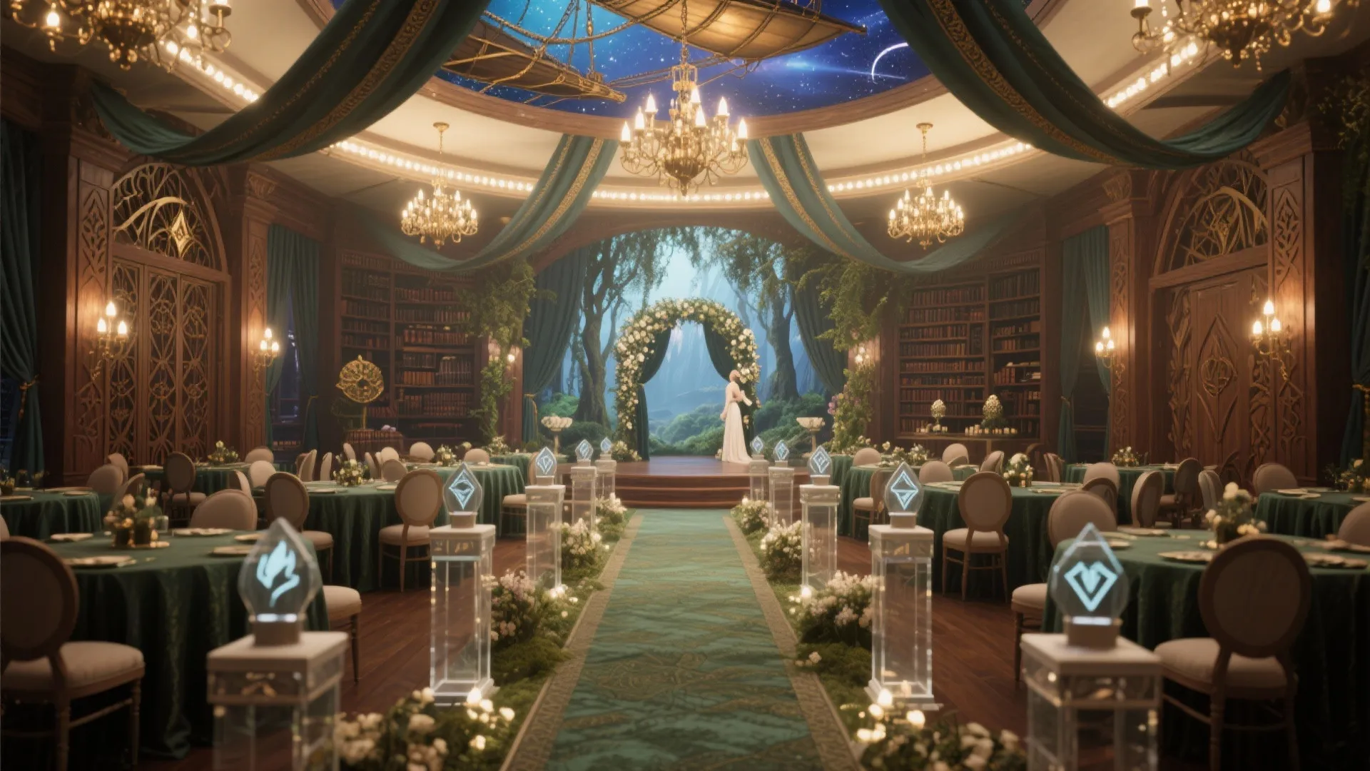Luxury wedding hall featuring green tables, bookshelves, ceiling lights, and a white flower forest arch
