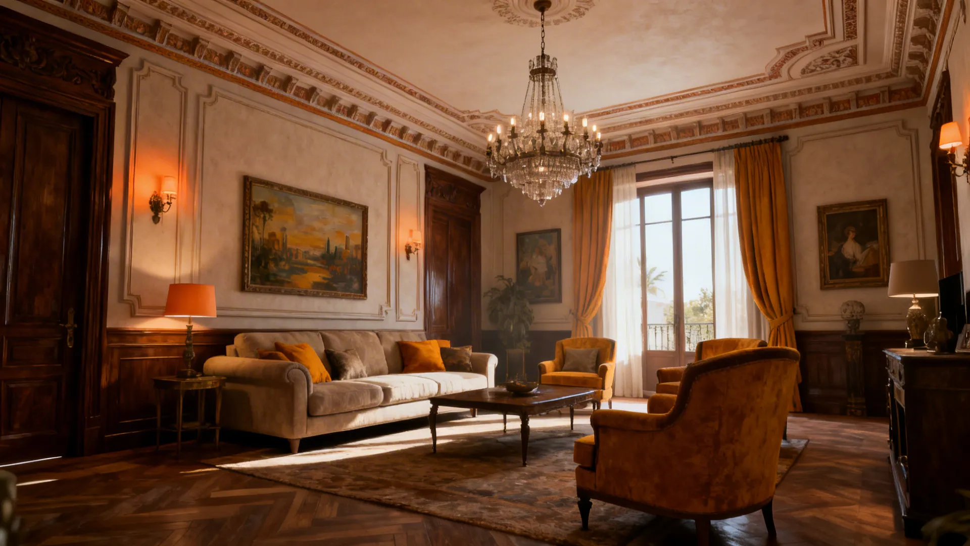 Elegant formal salon with high ceilings, chandelier, and refined furnishings.