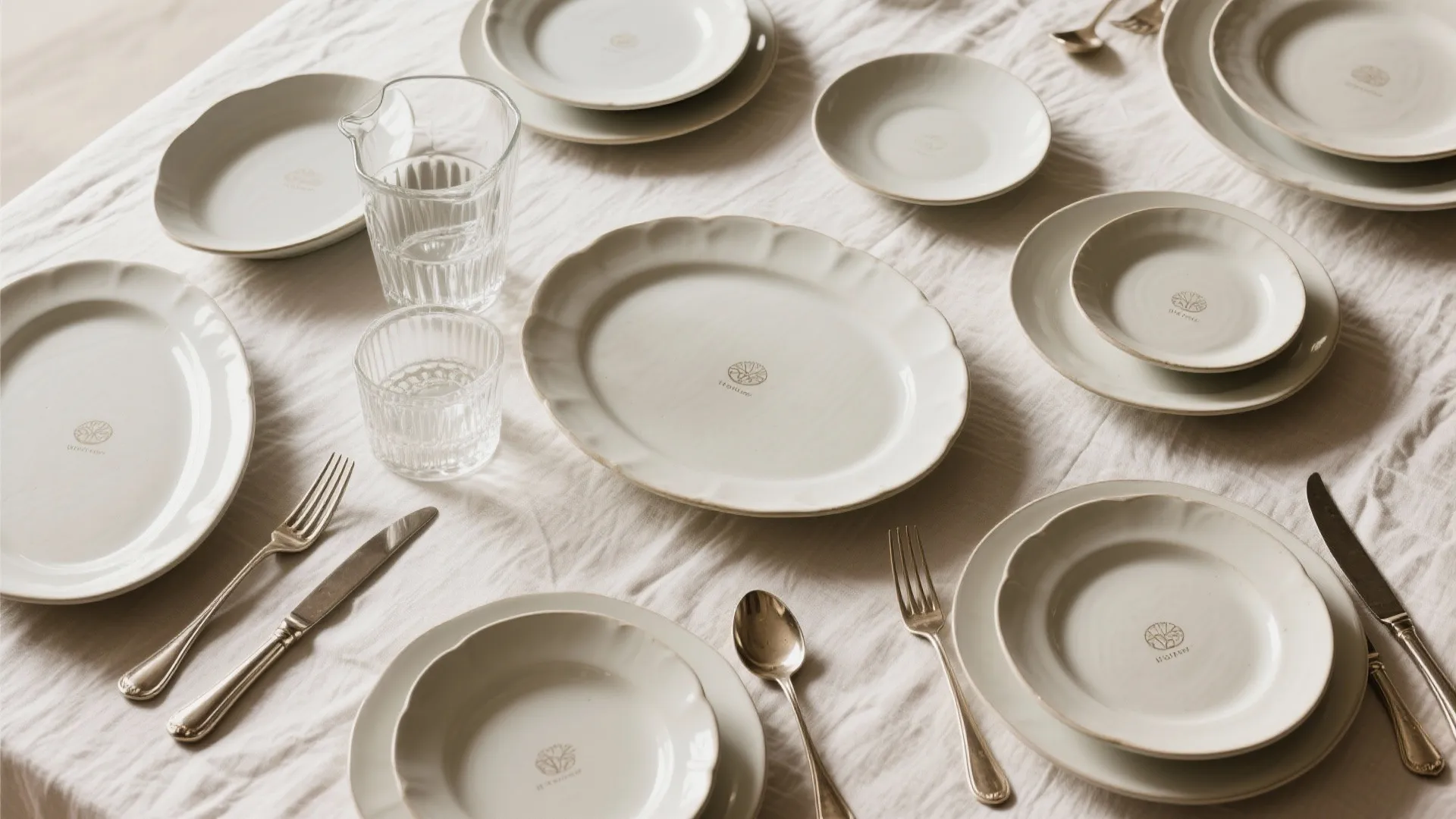 Flatlay of ceramic platters, metal cutlery and glass pitchers