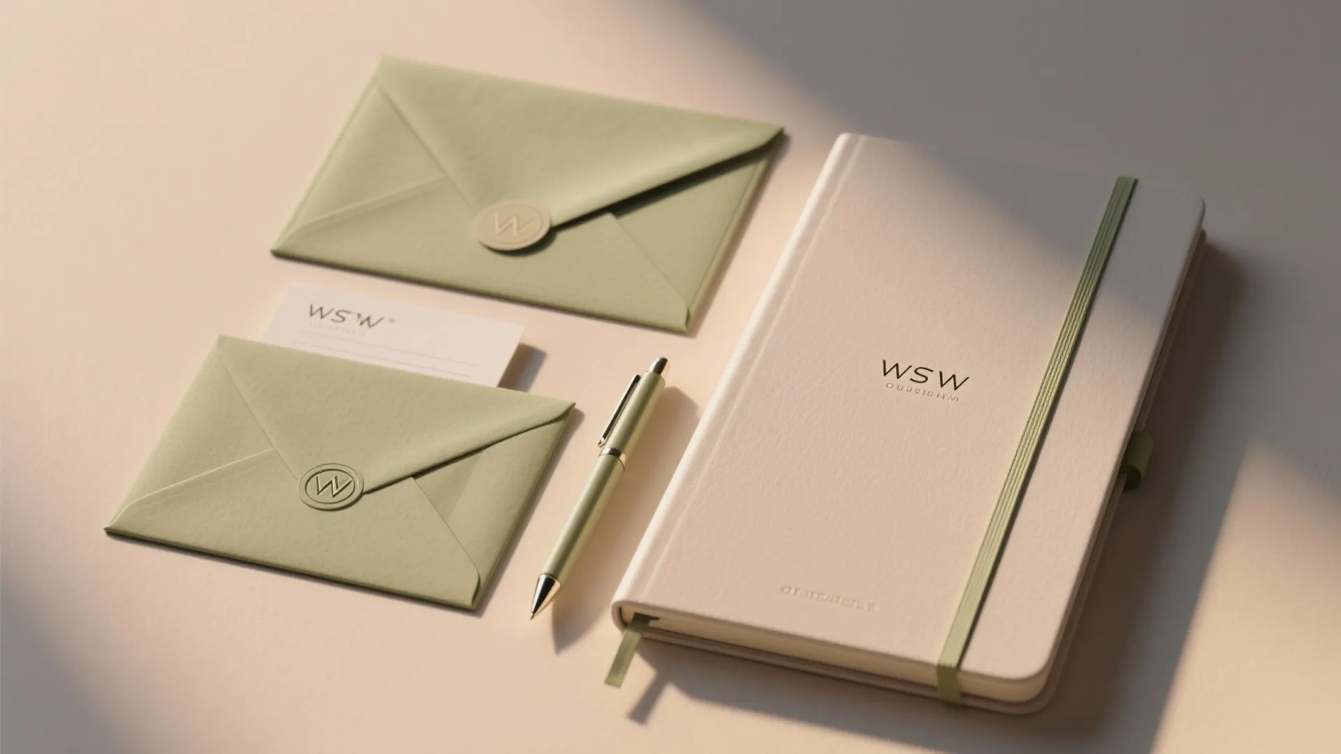 Elegant green envelopes with wax seals a green pen and a beige notebook on desk