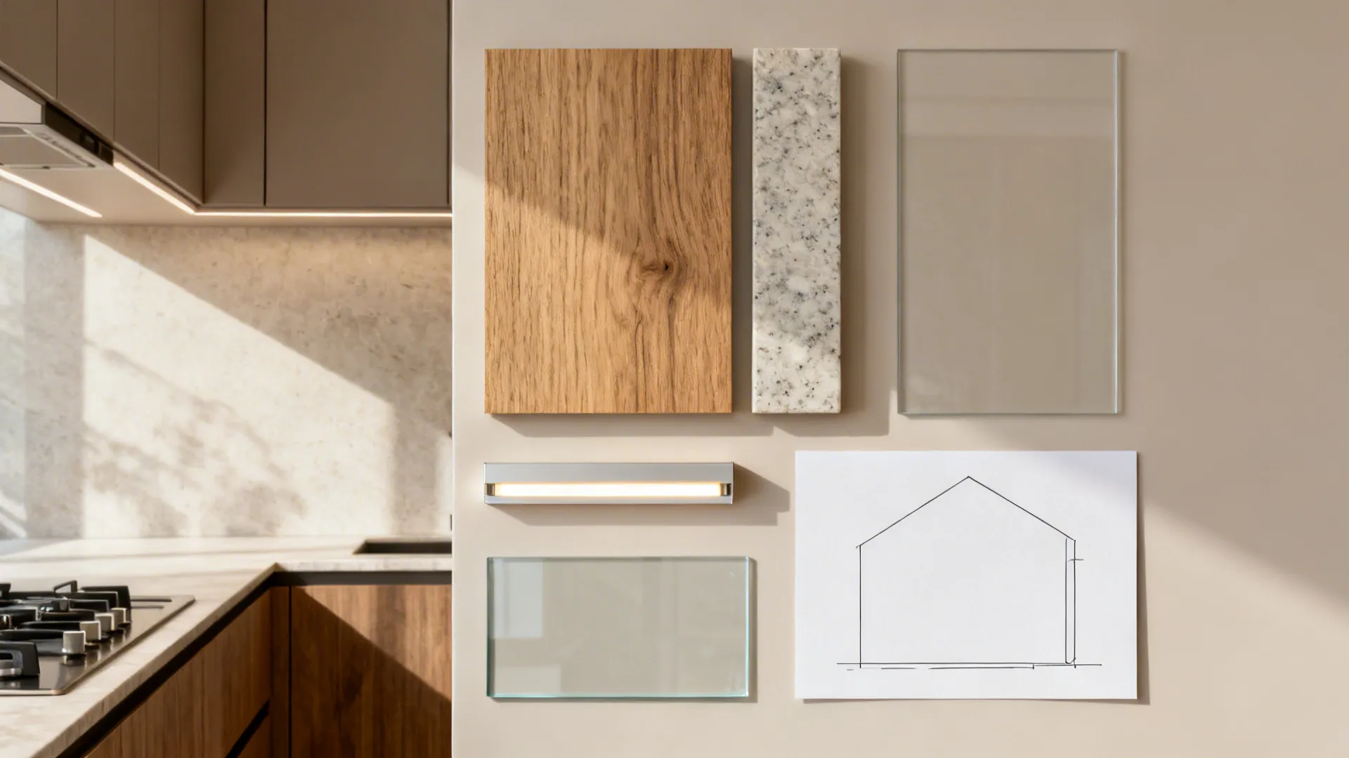 Flat lay of matte cabinet, oak, quartz, low-iron glass, and LED strip capturing the design theme.
