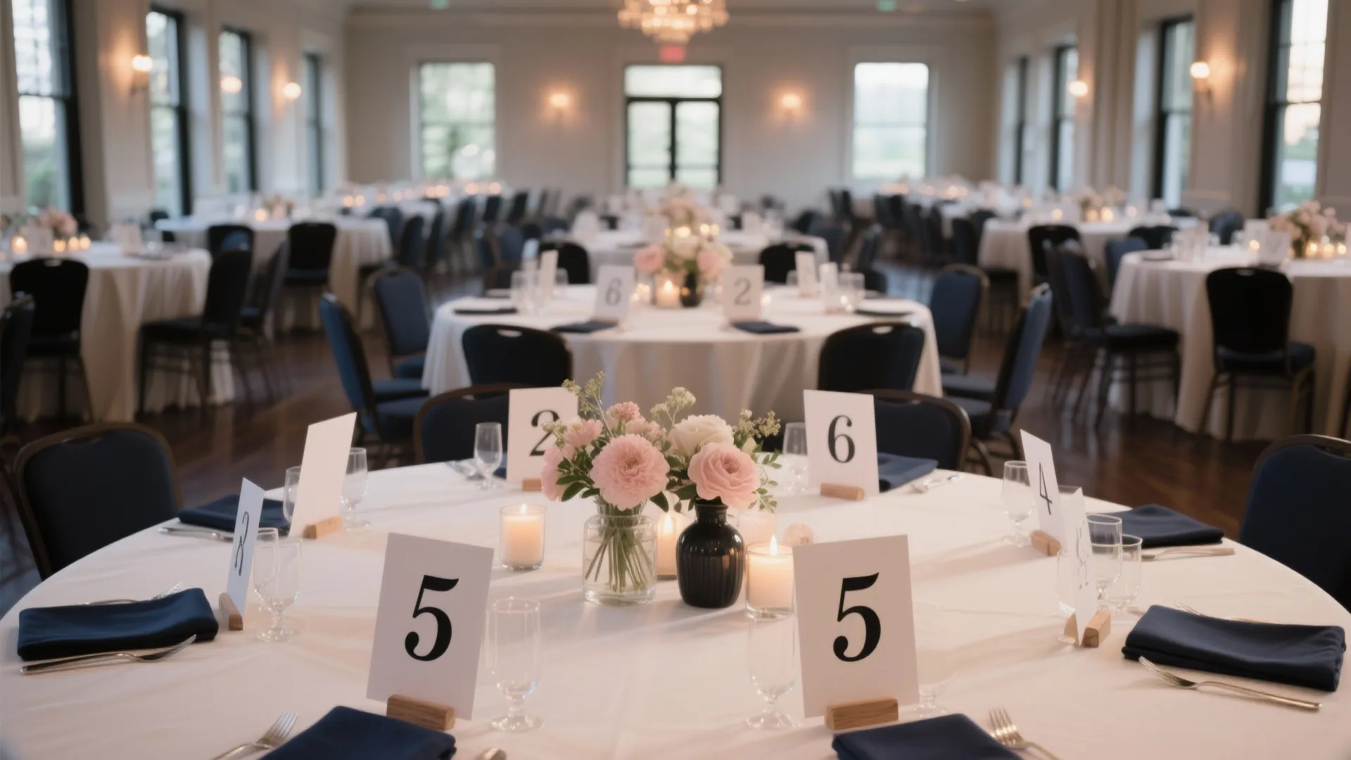Large event room with round tables white cloths pink flowers candles and dark blue chairs