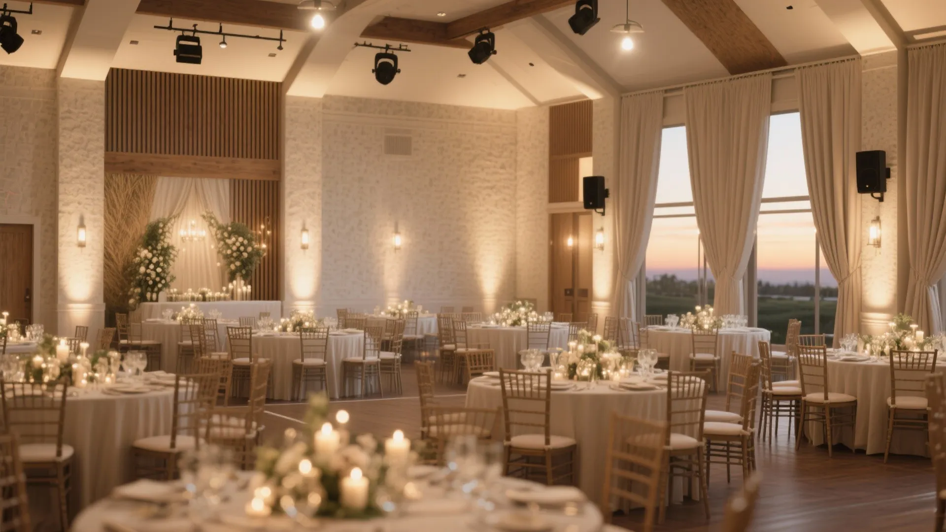 Elegant wedding hall with round tables white linens gold chairs warm ceiling lights and curtains
