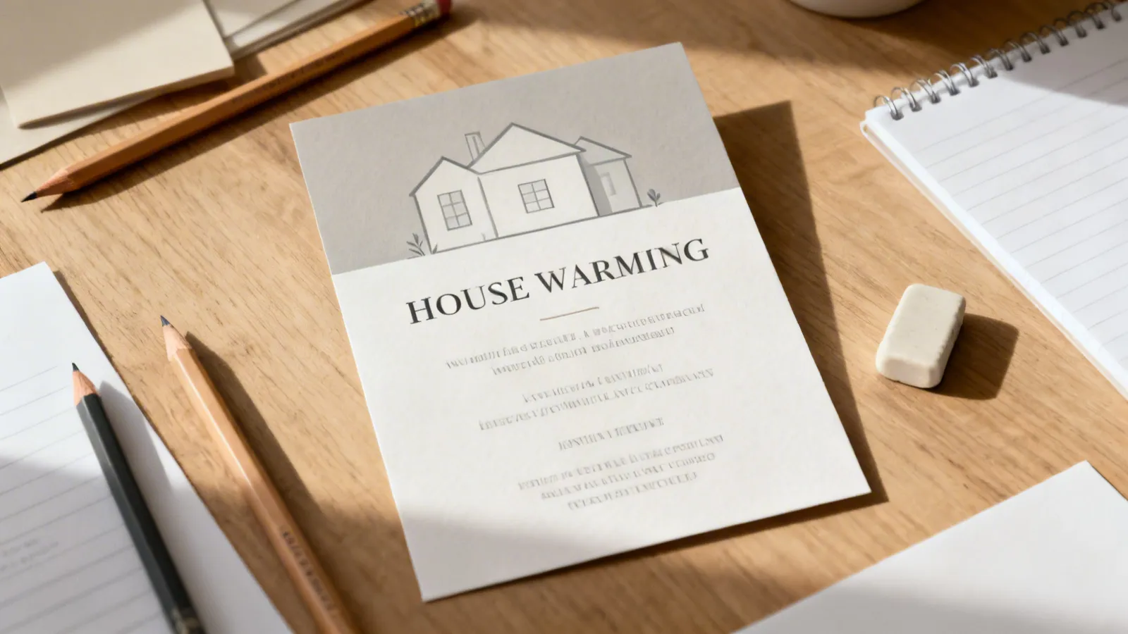 House warming invitation card with a simple house drawing on a wooden table with pencils