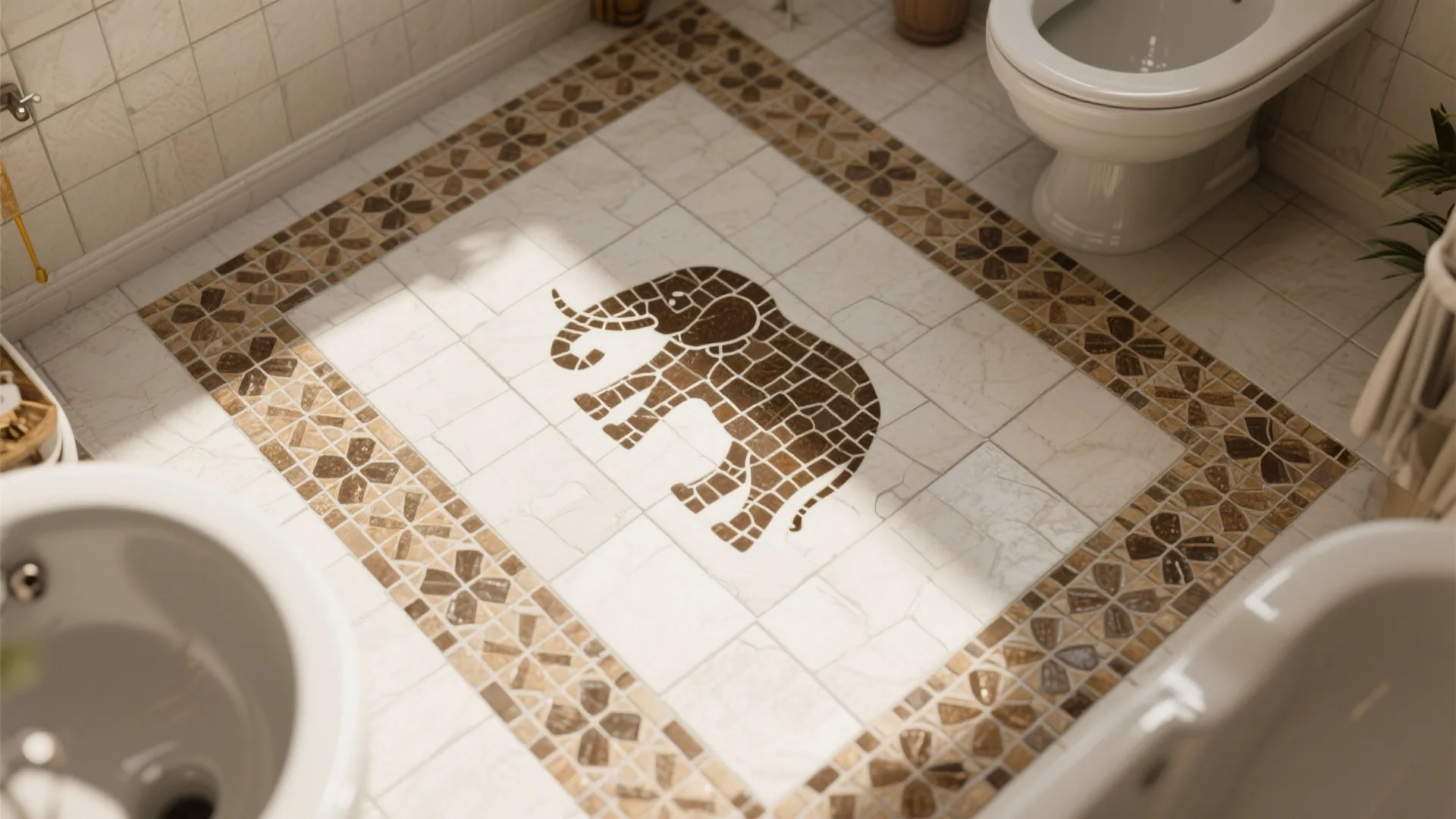 Top-down view of mosaic floor tiles with elephant silhouettes