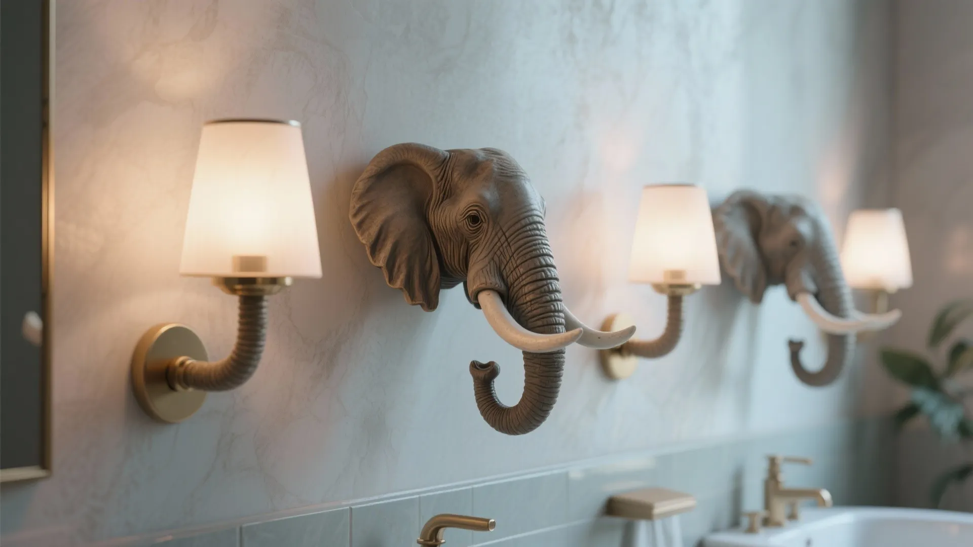 Bathroom wall sconces with trunk-like curved arms