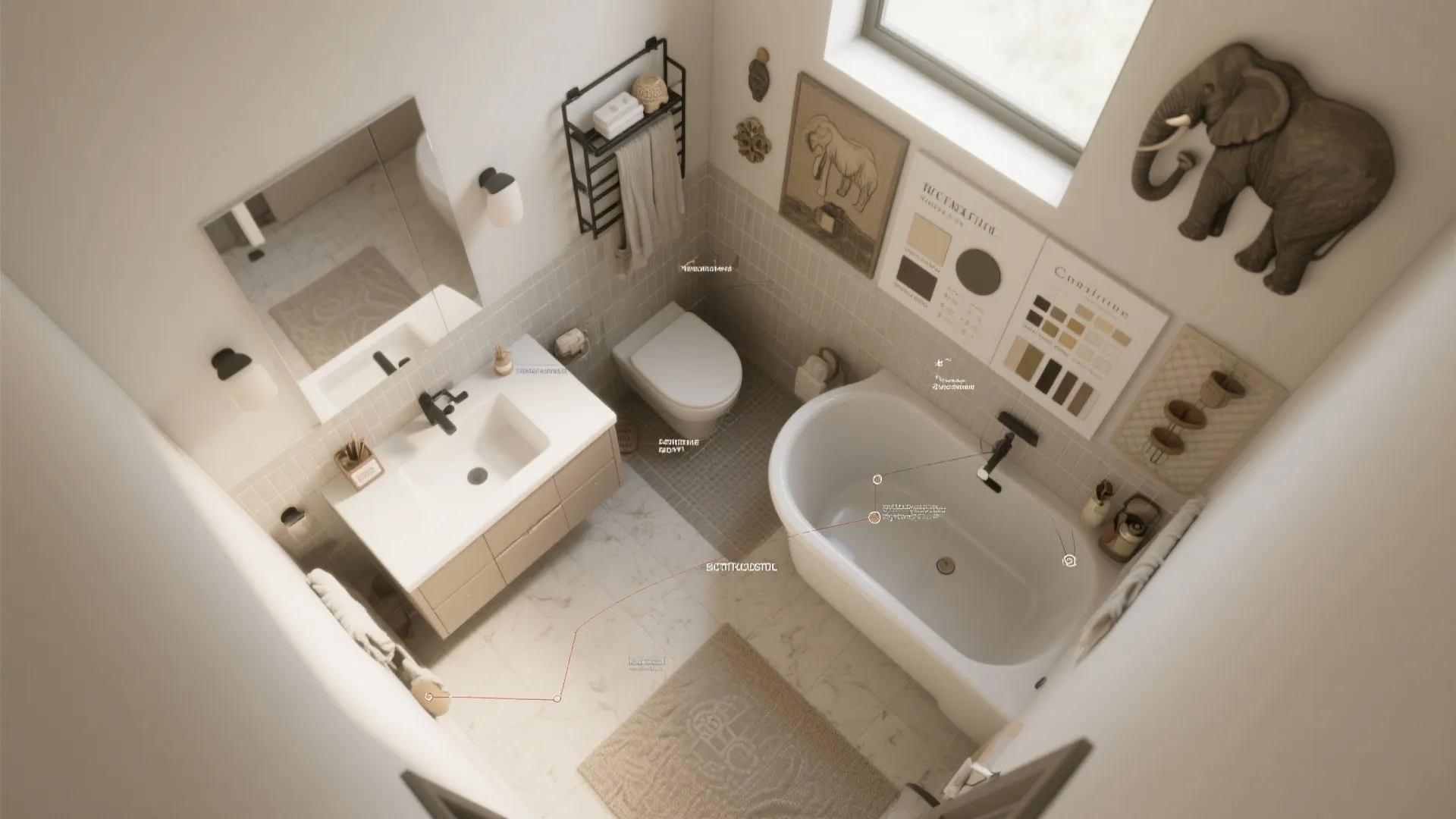 Top-down L-shaped bathroom layout plan with moodboard swatches for elephant-themed decor.