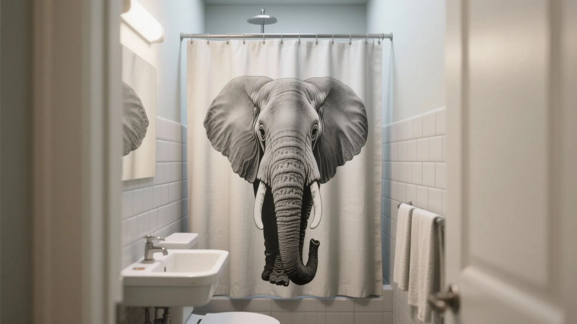 Narrow bathroom with a bold grey elephant-print shower curtain as the central focal element.