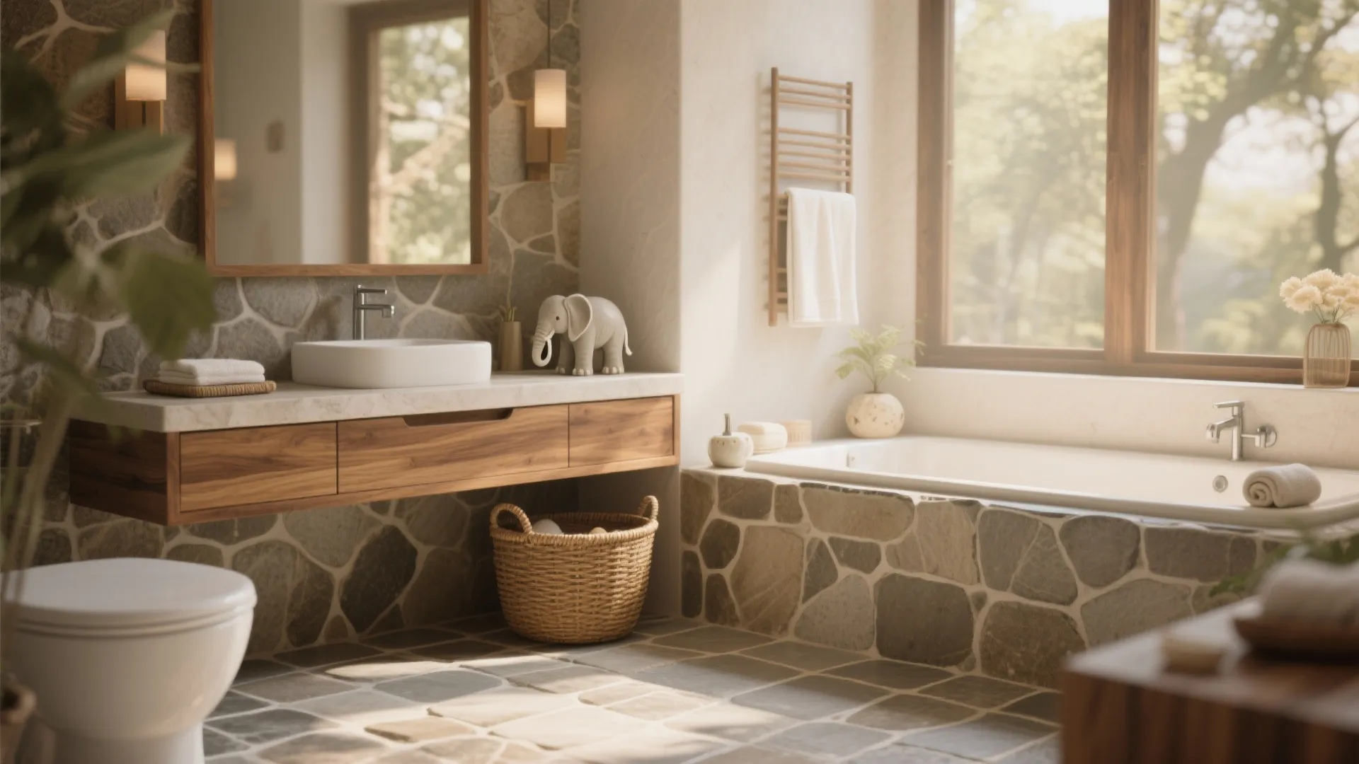 Spa-like bathroom with teak vanity, stone-look tiles, and subtle elephant textile accents.