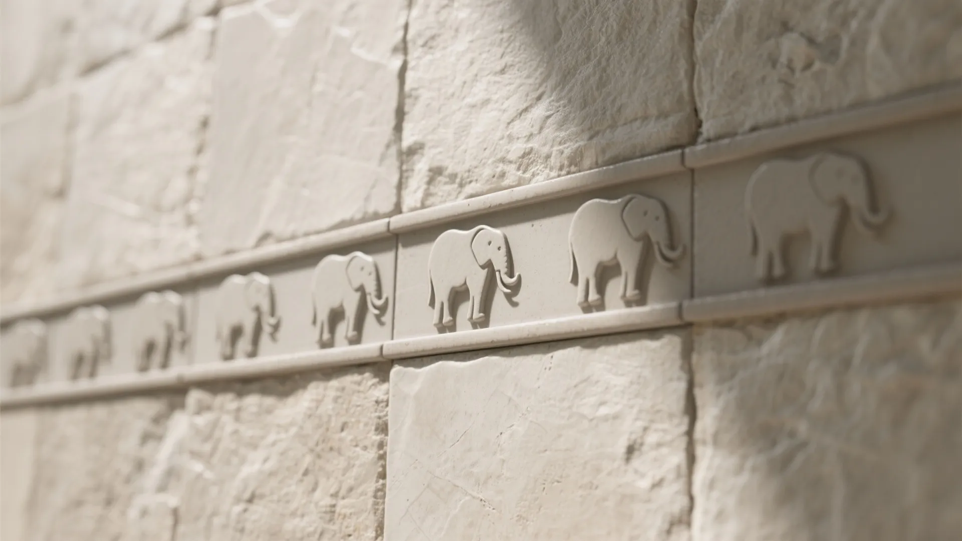 Macro view of a ceramic tile band with subtle elephant silhouettes and visible grout detail.