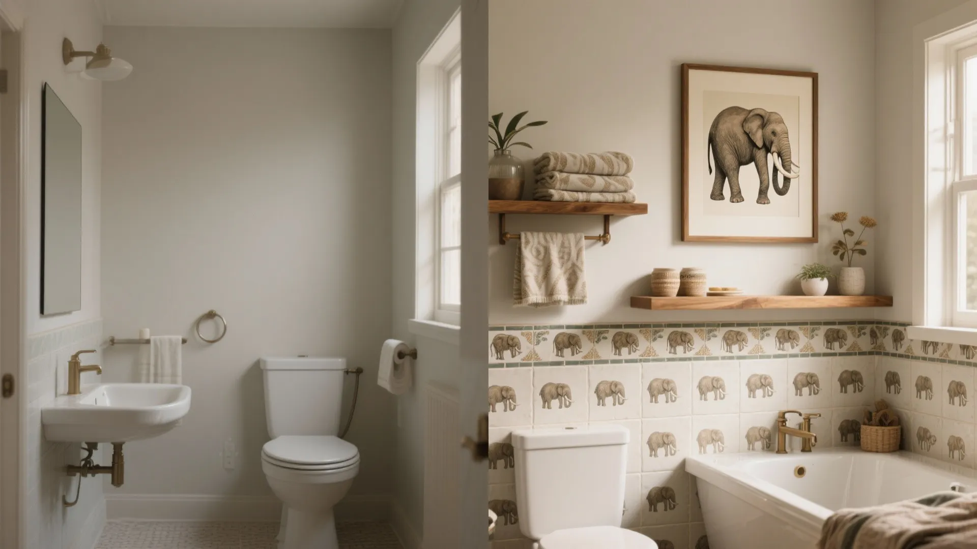 Before-and-after comparison of a small bathroom updated with tasteful elephant accents and wood details.