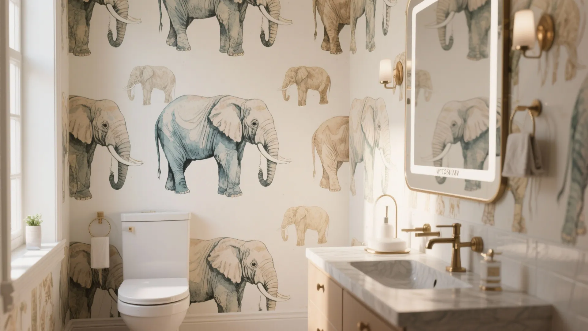Powder room with elegant hand-drawn elephant wallpaper