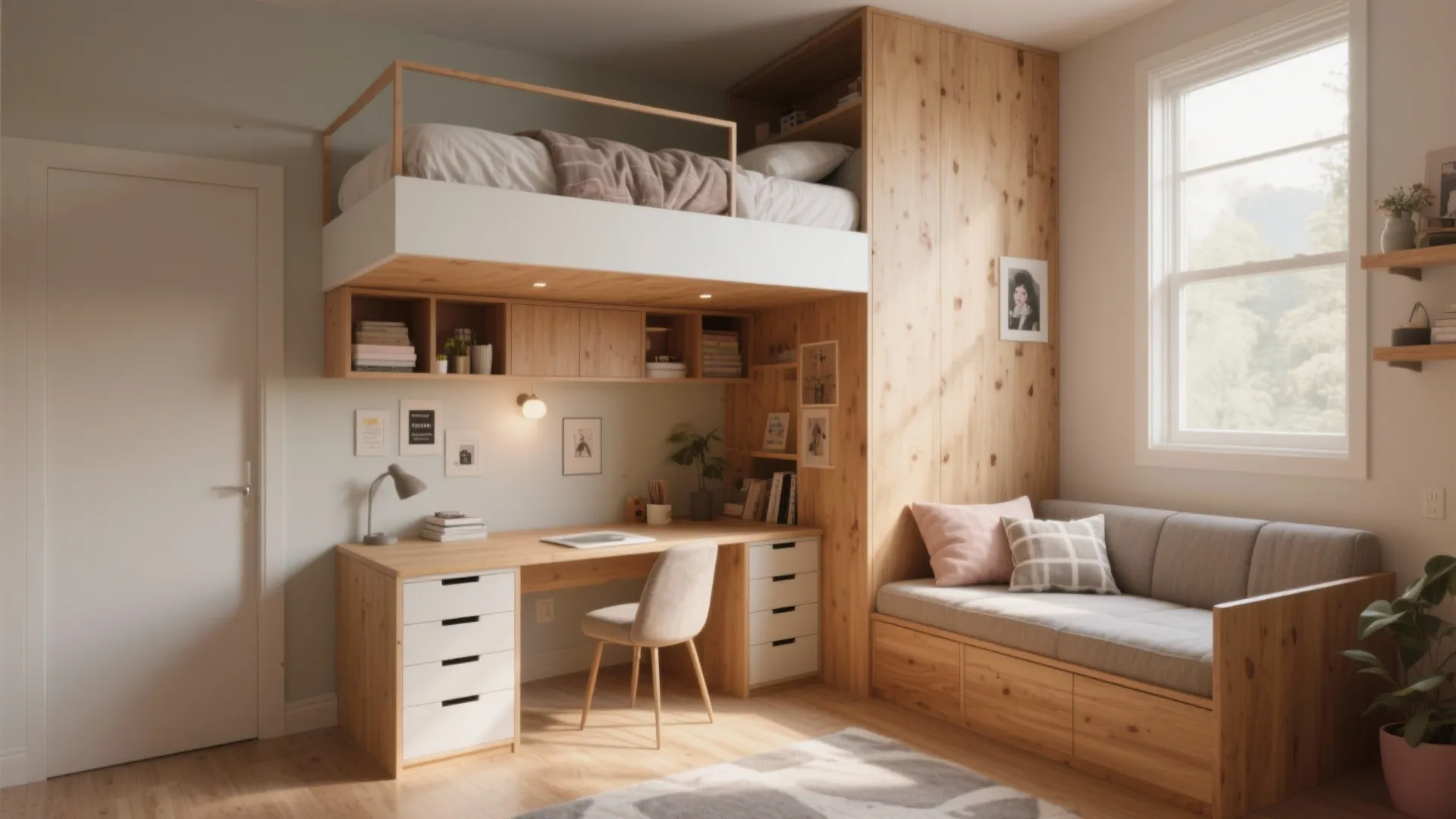 Space saving loft bed above a wooden desk area with a comfortable sofa and window