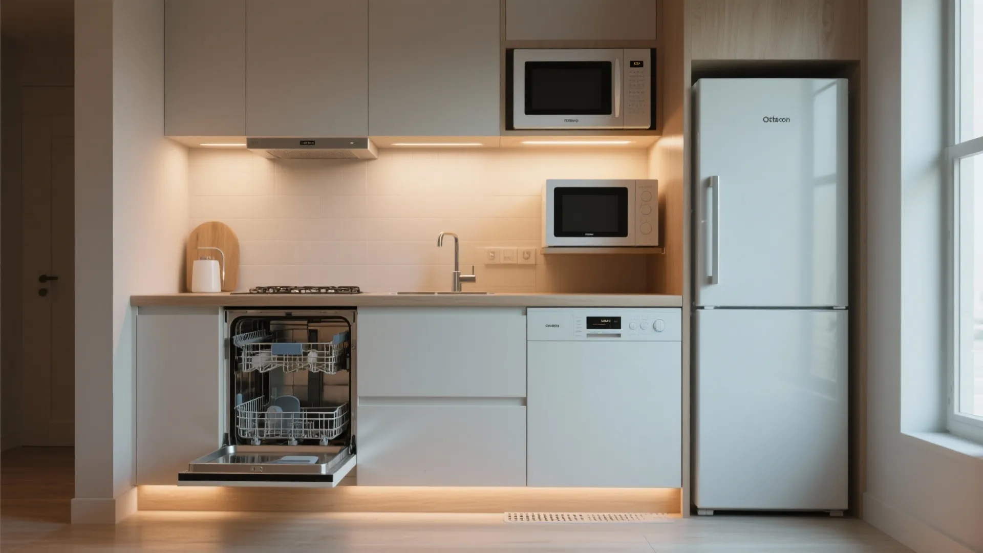 Small white kitchen with open dishwasher white fridge microwave light fixture and clean wooden floor