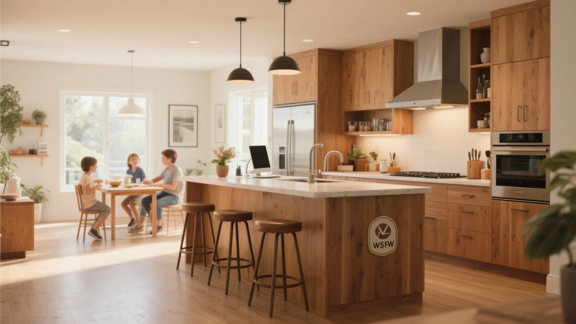 Modern wooden kitchen island with bar stools and children sitting at a dining table nearby