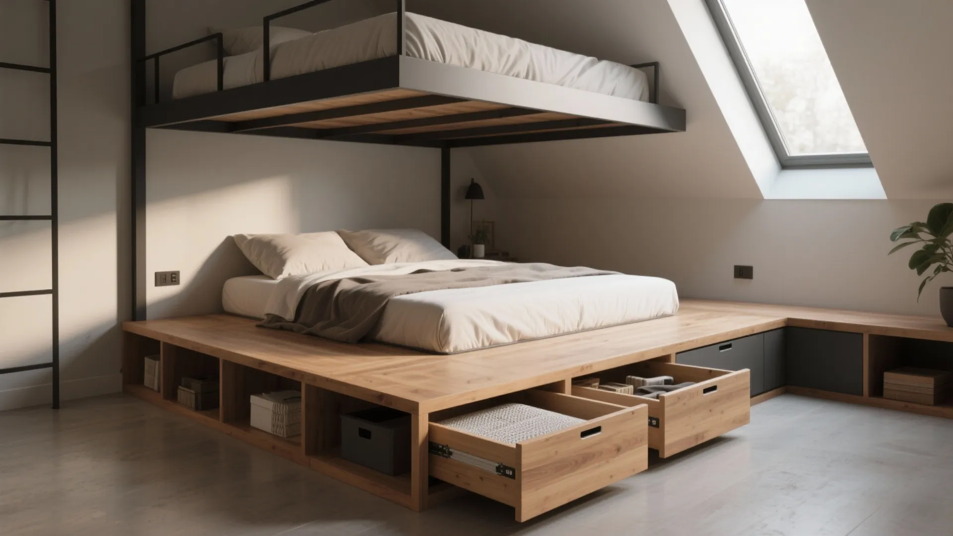Elevated platform bed in a loft with built-in drawers and visible ventilation details under the mattress.