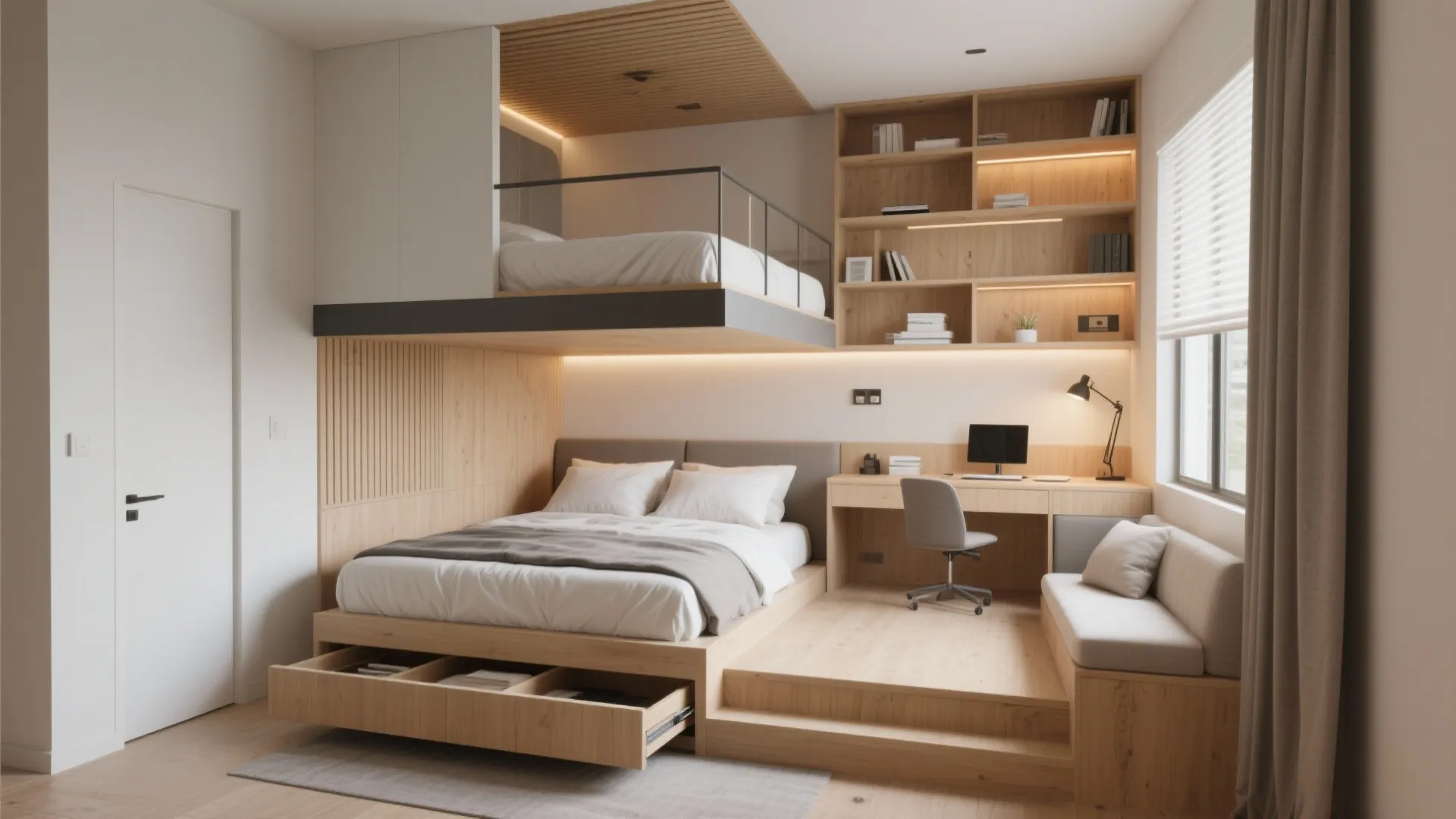 5. Multipurpose elevated bed with workspace underneath