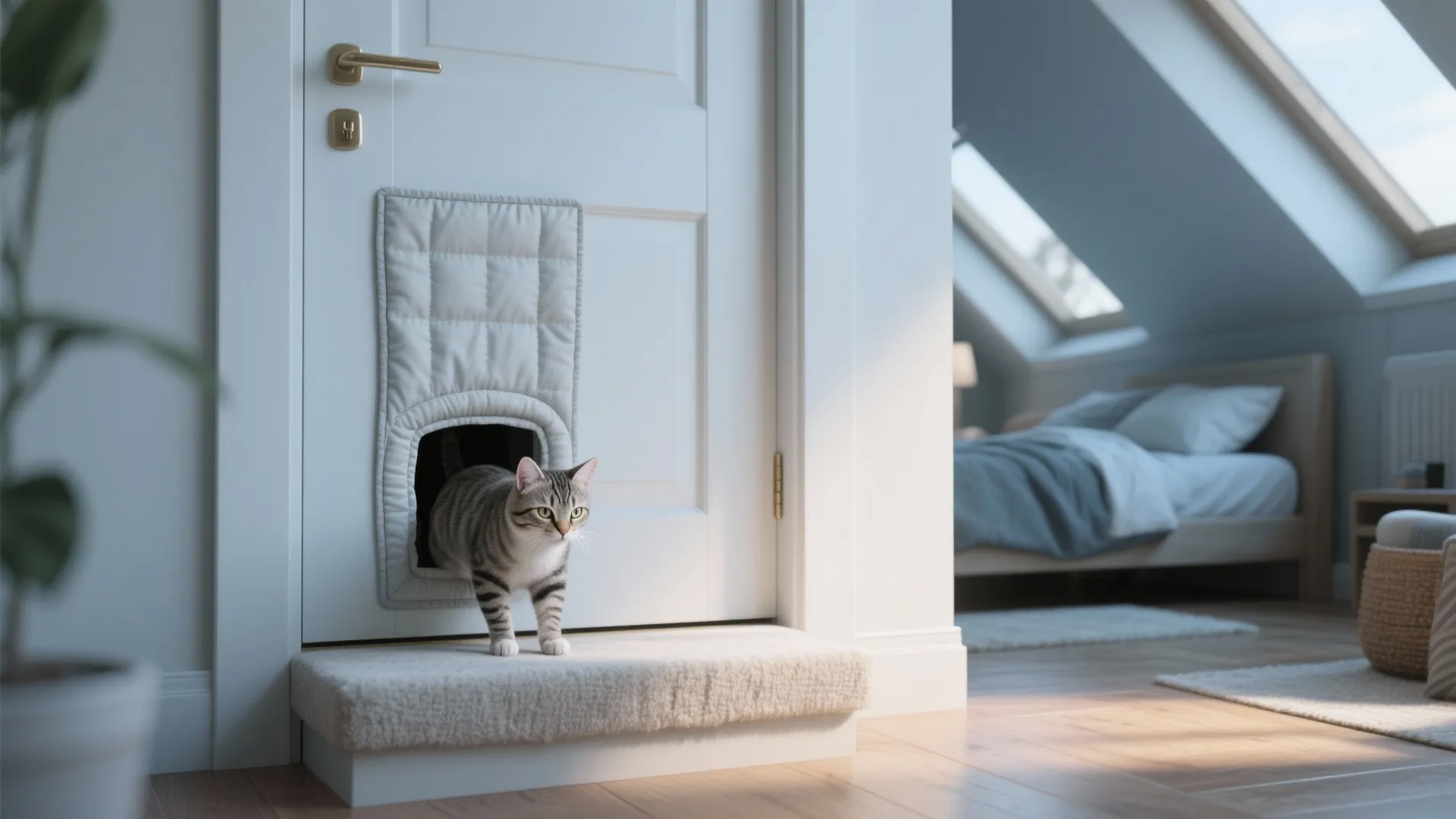Cat walks through a fabric pet door flap on a white door with a step