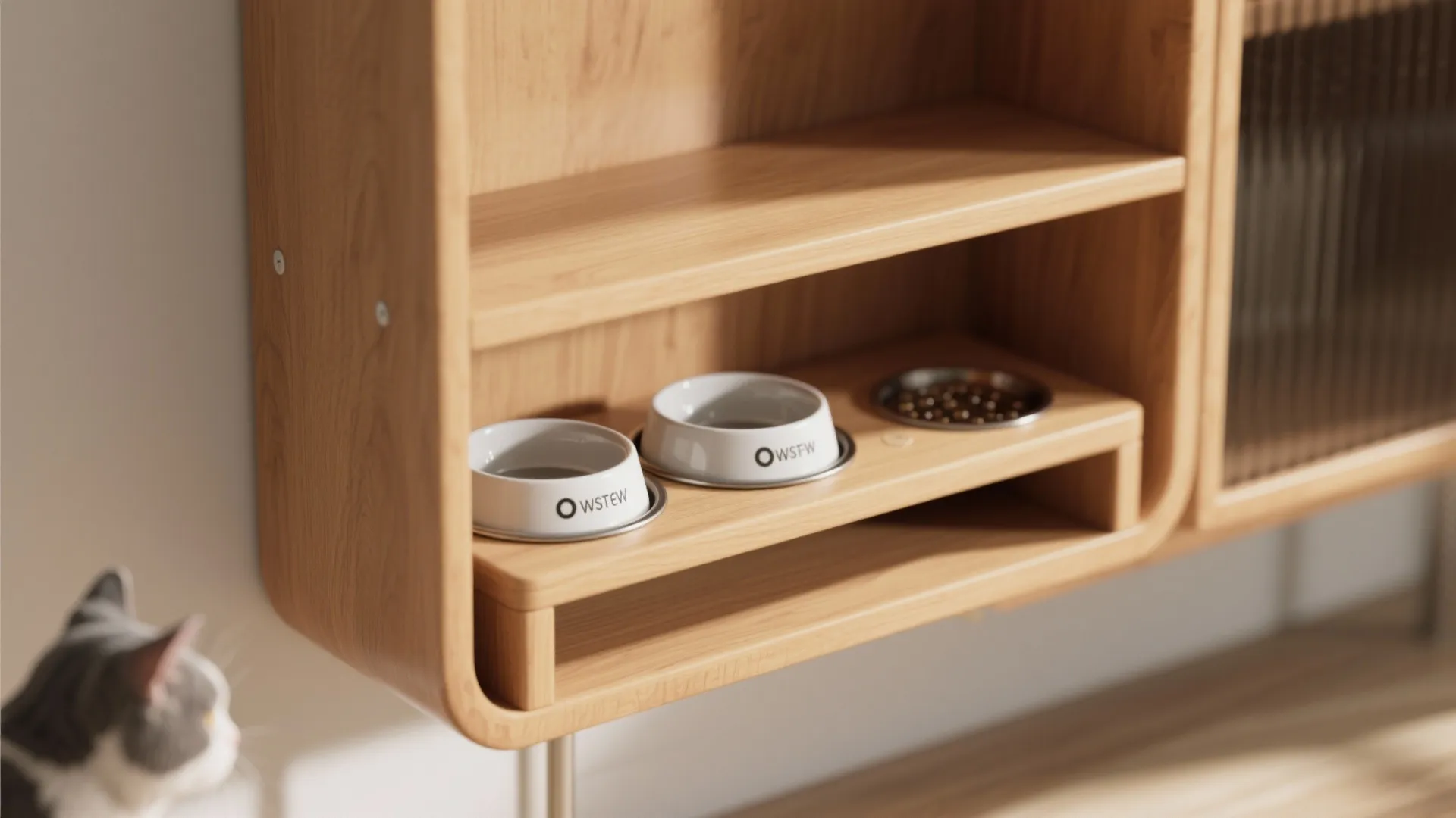 Raised cat feeding station built into wooden shelving