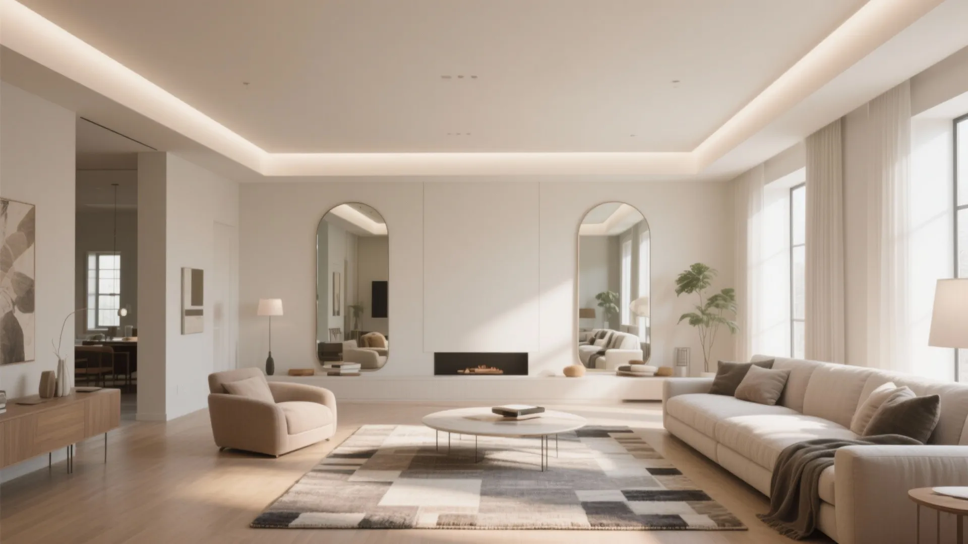 Minimalist living room with cream sofa fireplace two arched mirrors and hidden ceiling light fixtures