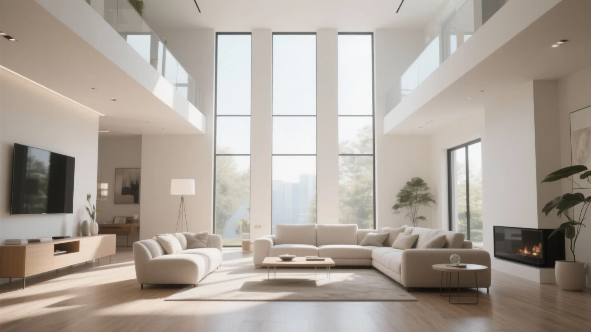 Spacious luxury living room with high ceiling tall windows beige sofa and a warm fireplace