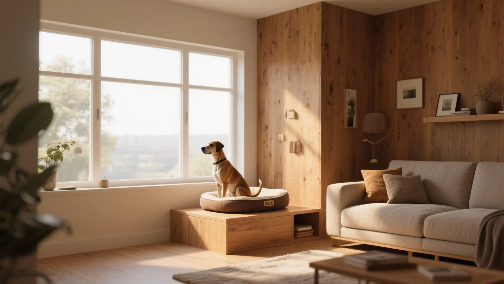Dog resting on an elevated bed by the window