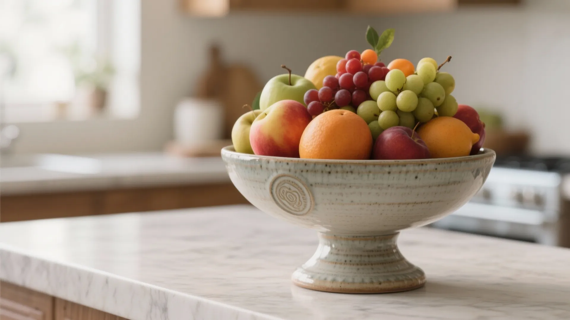 Ceramic footrest bowl filled with colorful grapes apples and oranges on a marble kitchen island