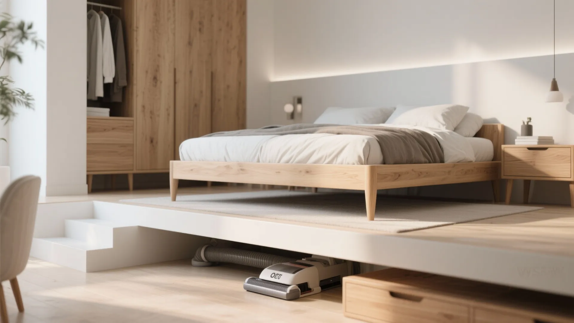 Bedroom with bed and wardrobe raised on legs, showing clear underbed space for easy cleaning.