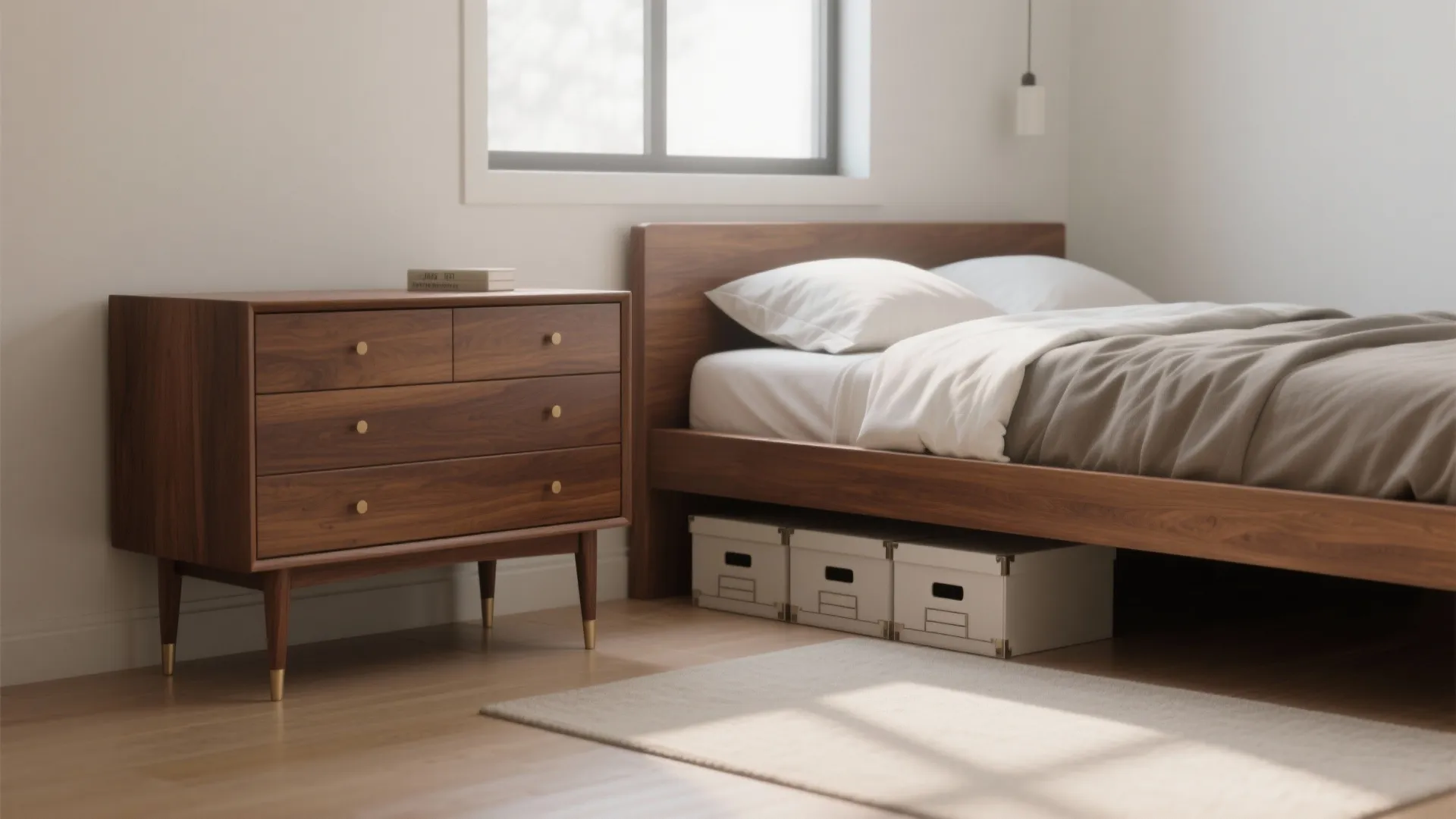 Minimalist bedroom featuring a wooden bed, brown cabinet with gold legs, white rug, and window