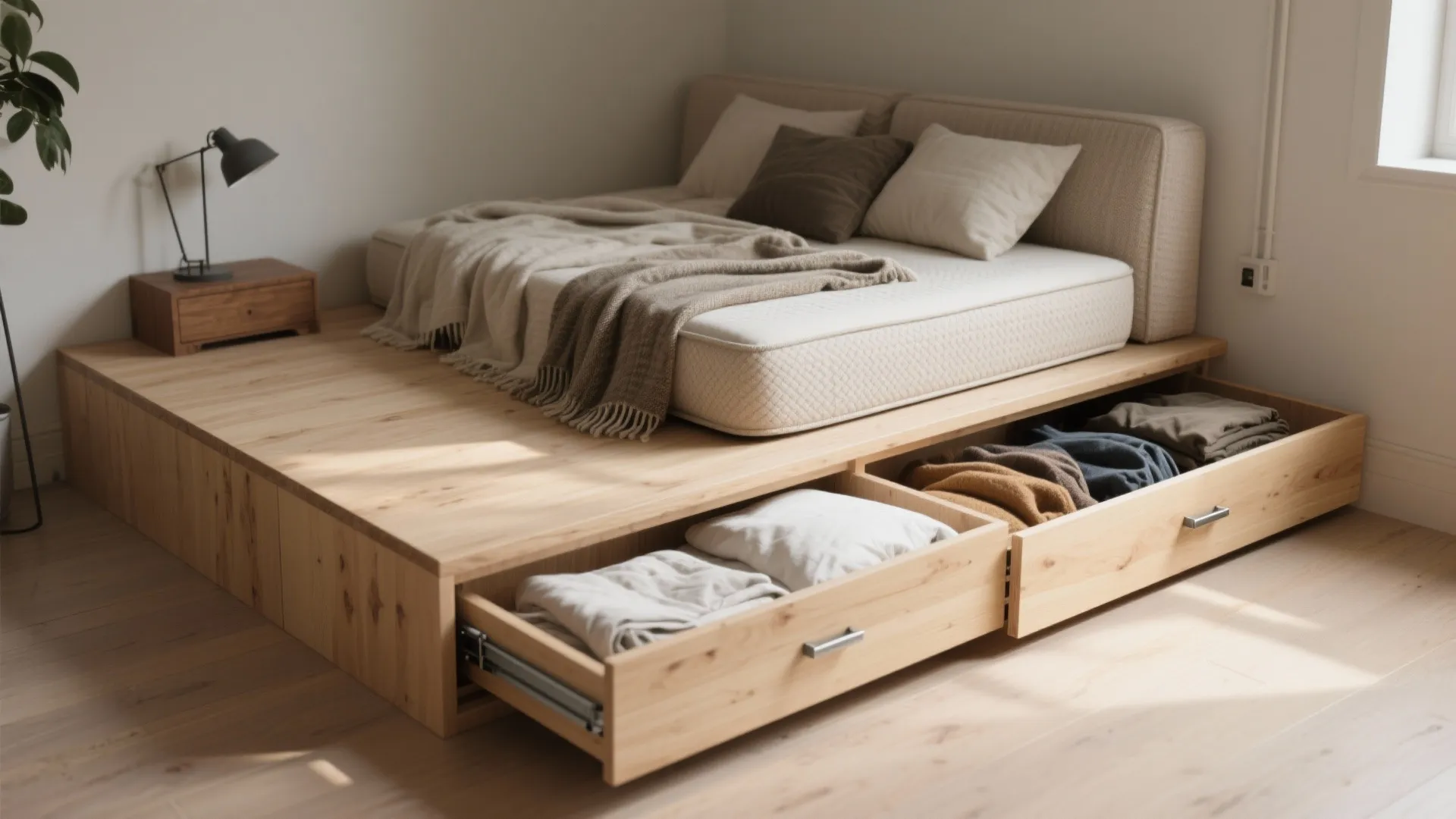 Wooden platform bed with mattress plus two open storage drawers containing folded clothes and soft pillows
