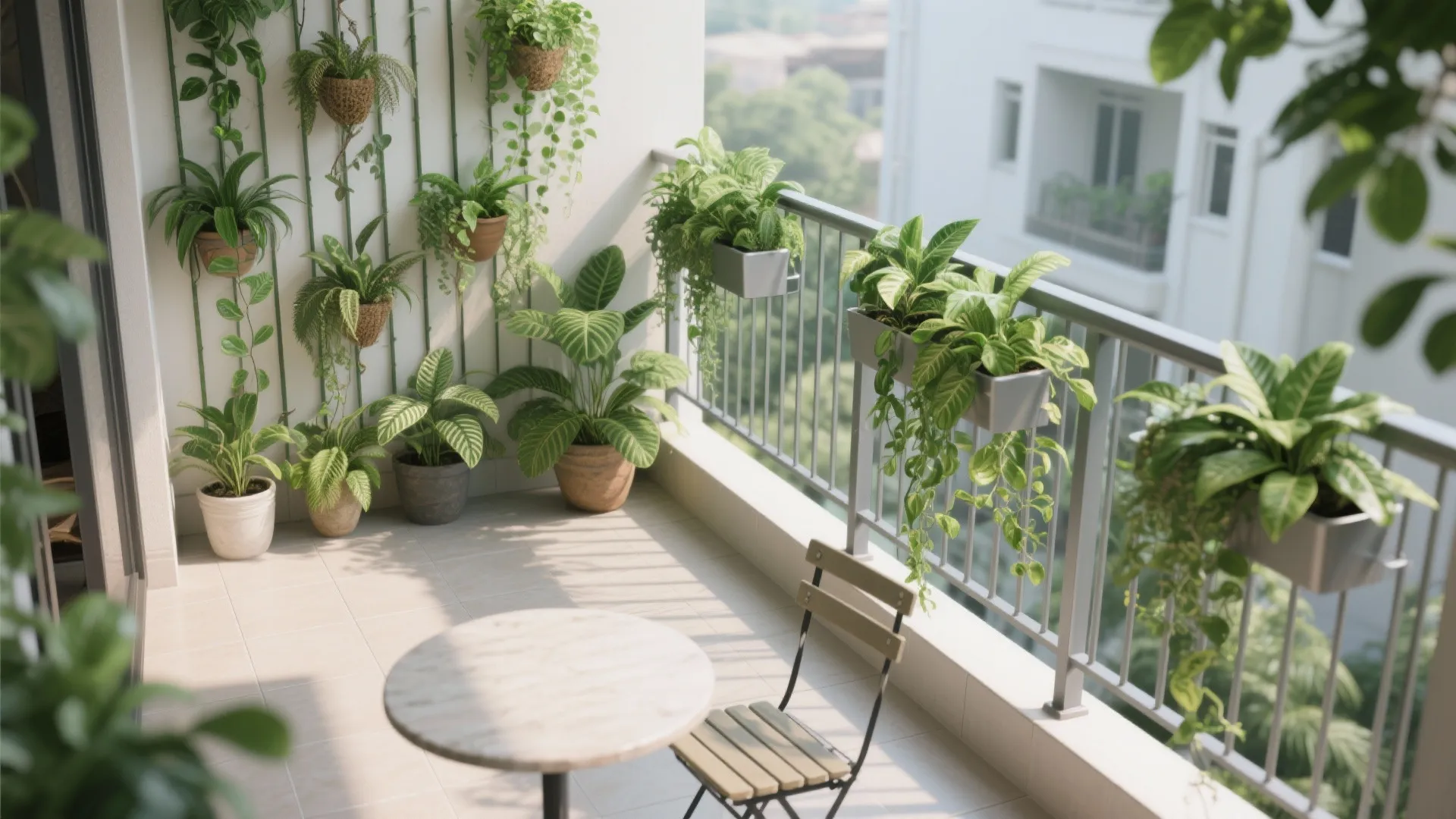 Bright balcony featuring various green potted plants on the wall and hanging from metal railing