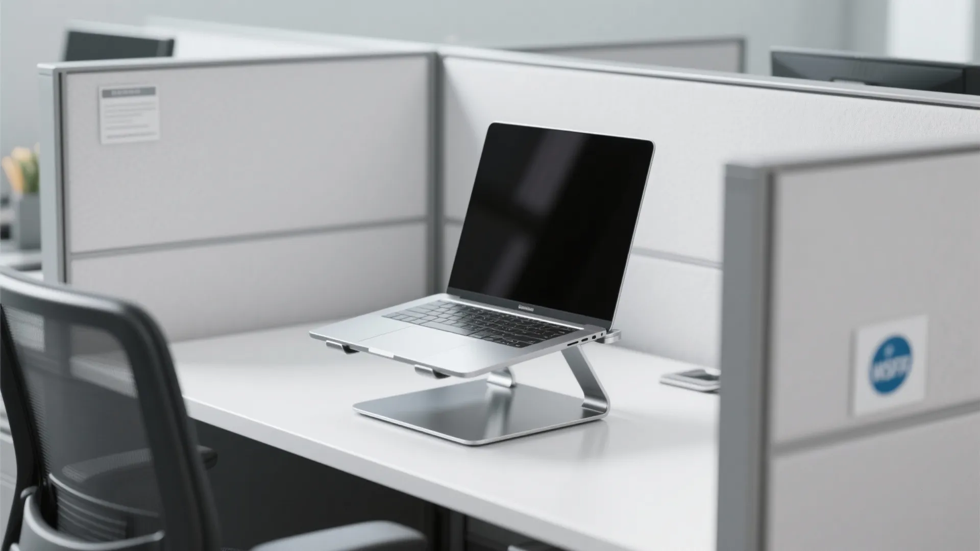 Silver metal laptop stand holding an open laptop on a clean white office desk workspace