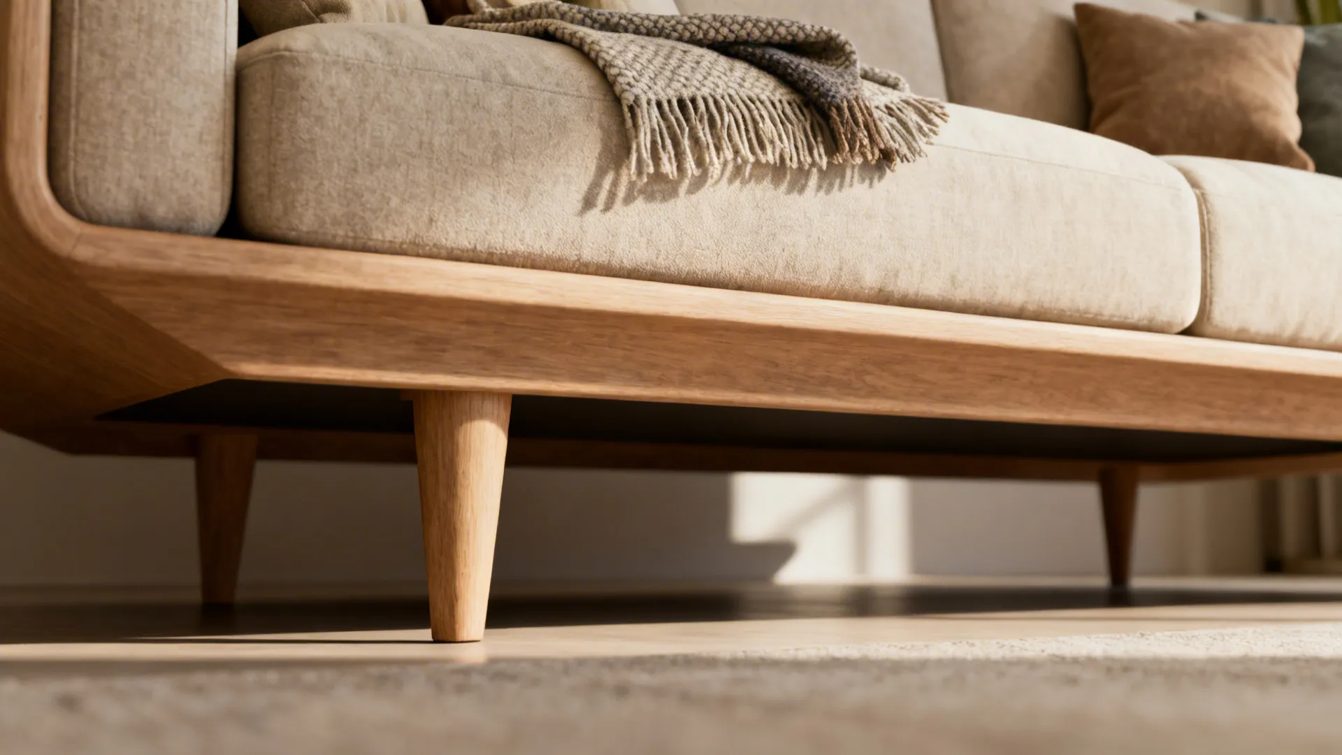 Elevated sofa legs and layered textiles that create visual space in a small living room.