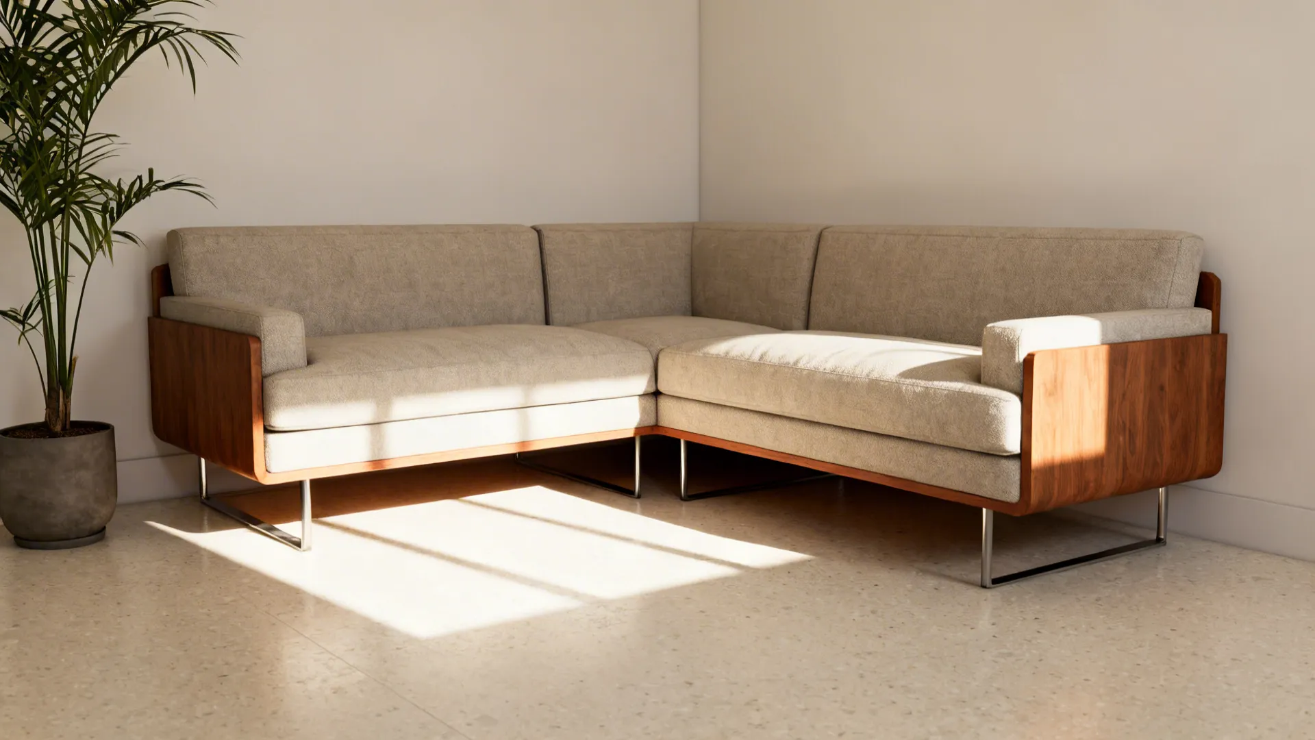 Corner sectional with elevated legs allowing light under the sofa