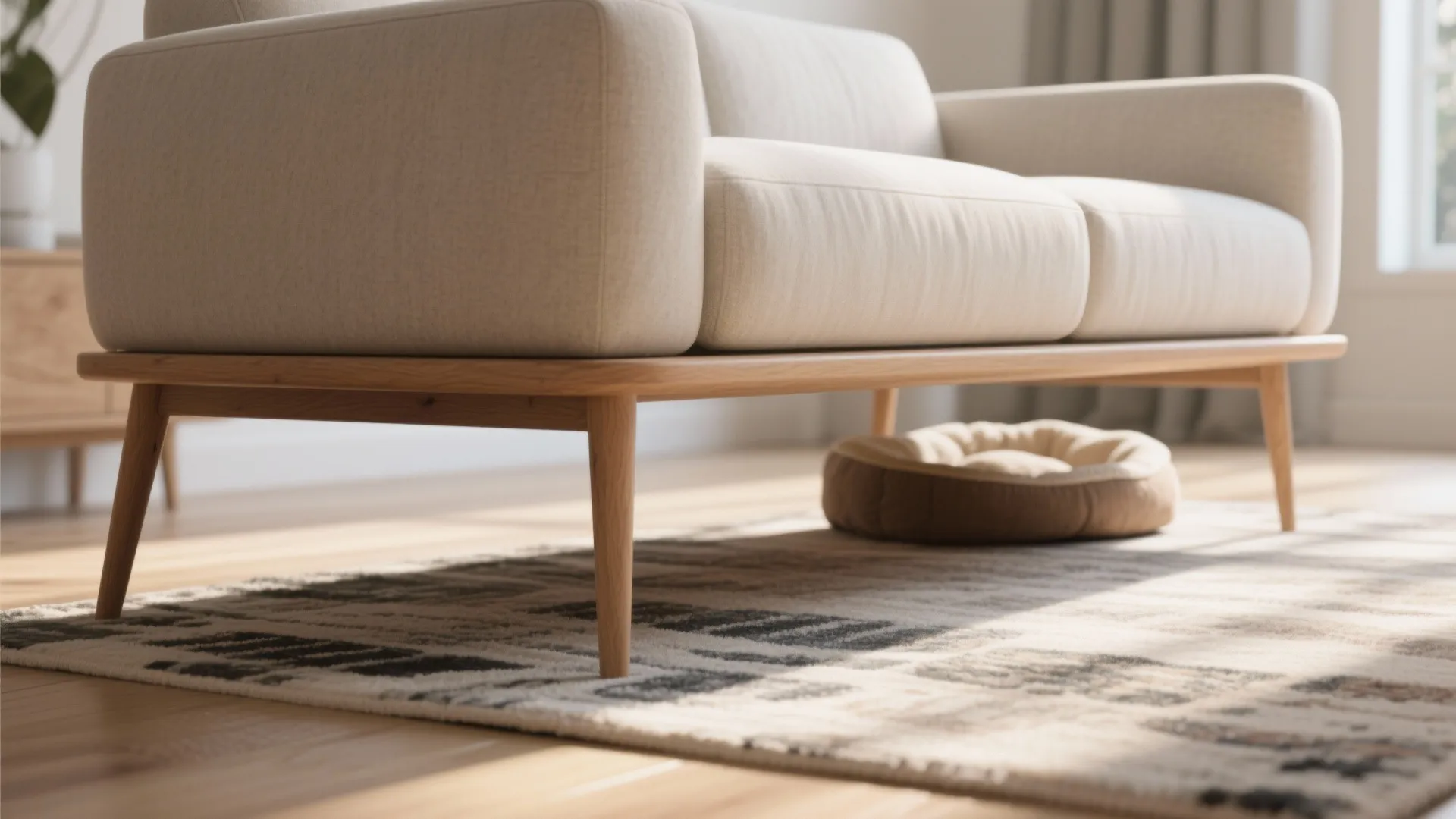 Low angle shot of a cream sofa with thin wooden legs on a patterned floor rug
