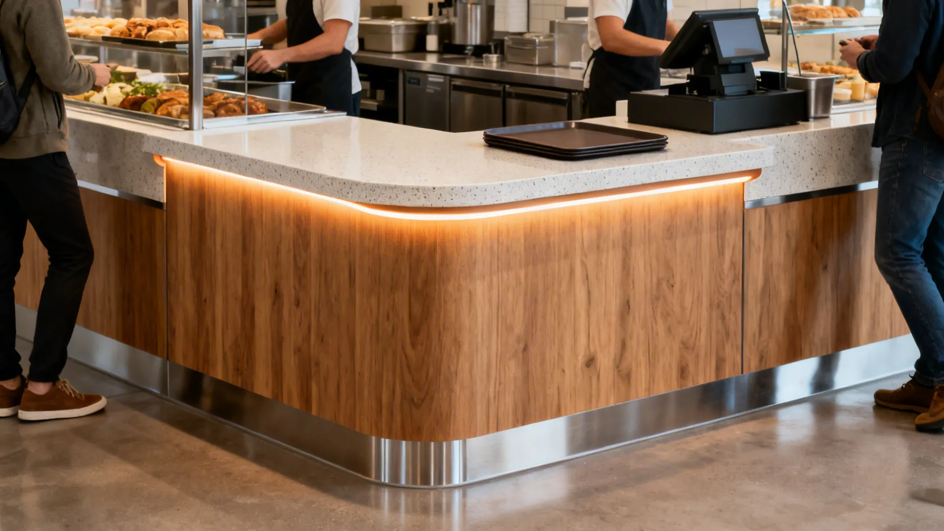 Pickup counter with a raised landing tier and warm under-tier LED creating a clear pickup cue.