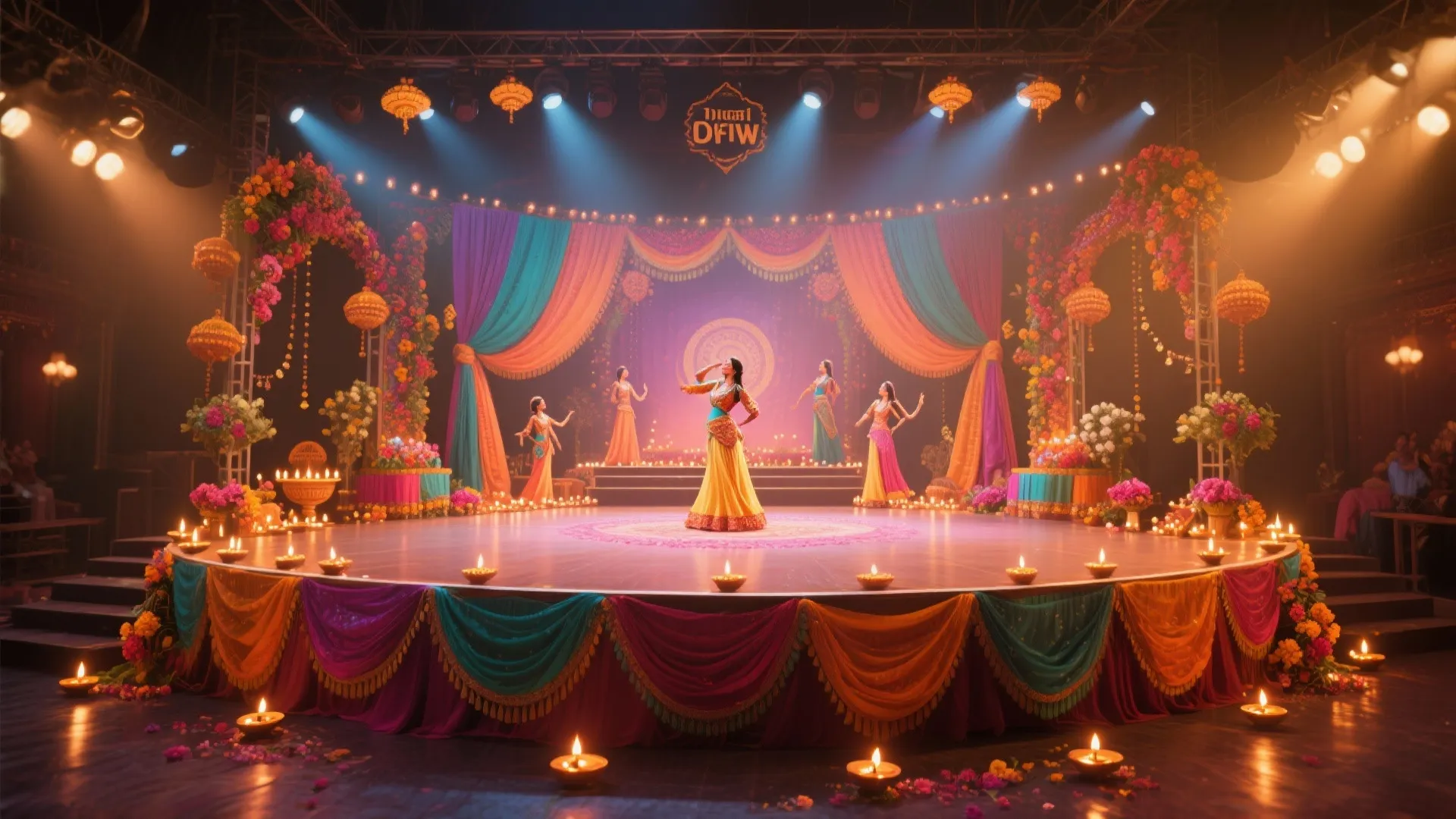 Small Diwali stage with a decorative elevated platform