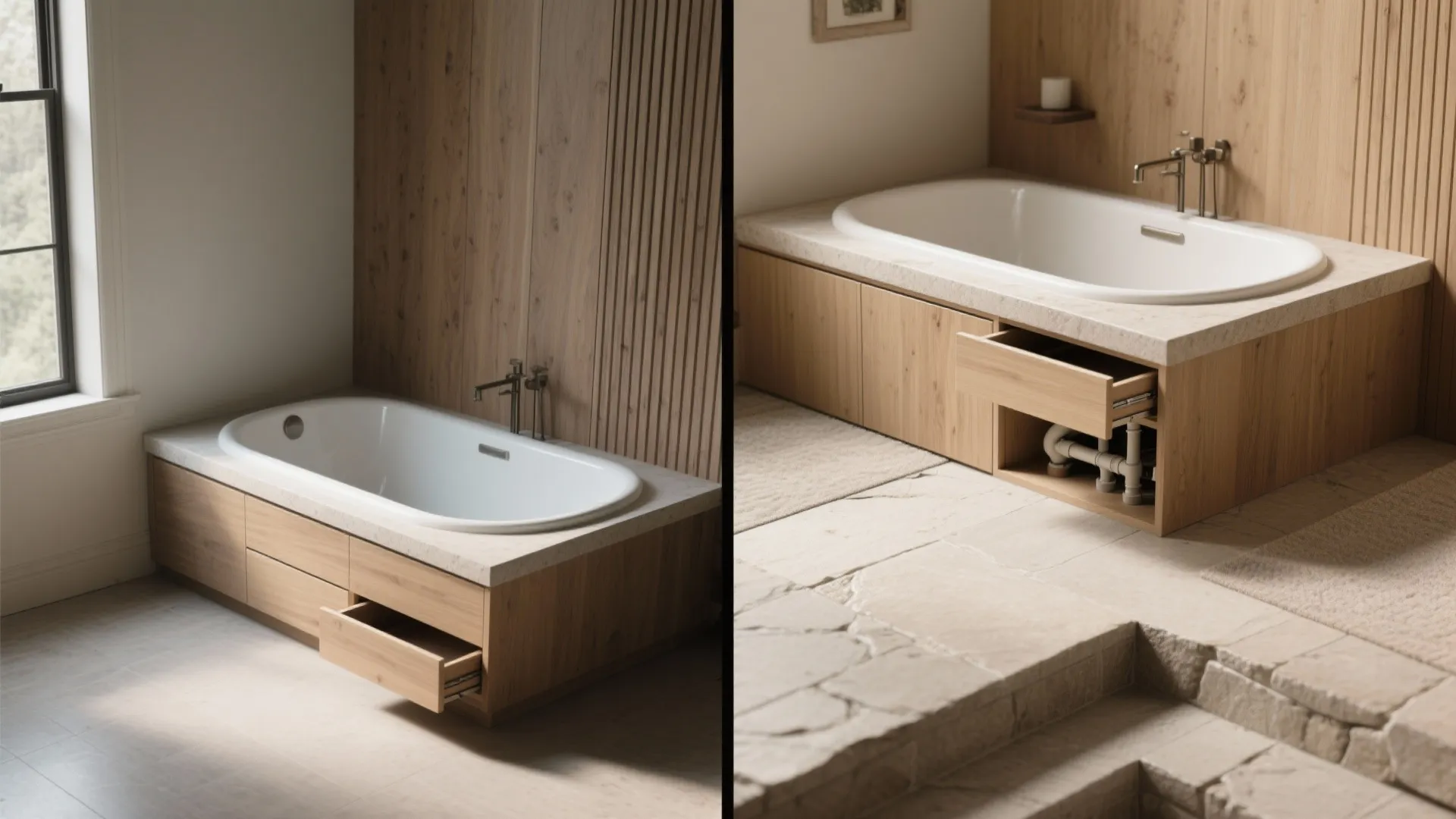 White built-in bathtub with wooden storage base showing open drawer and plumbing in modern bathroom