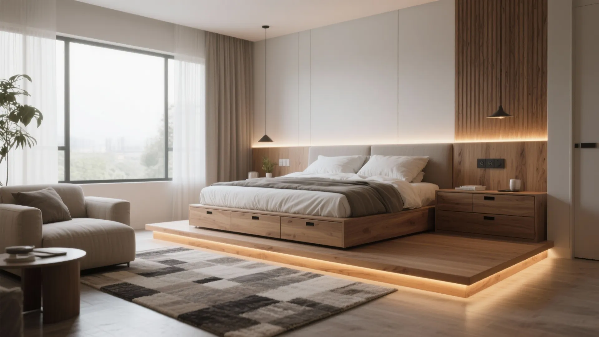 Modern bedroom with wooden platform bed including storage drawers and warm hidden light strips below