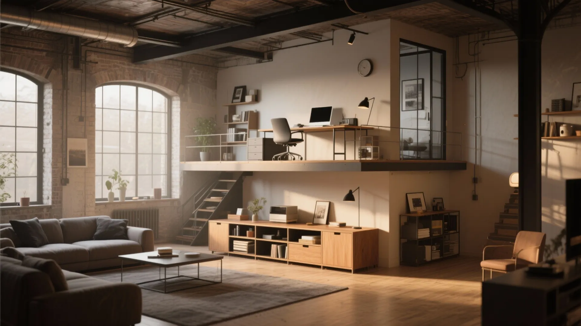 Industrial loft living room with elevated platform office wooden furniture large windows and grey sofa set