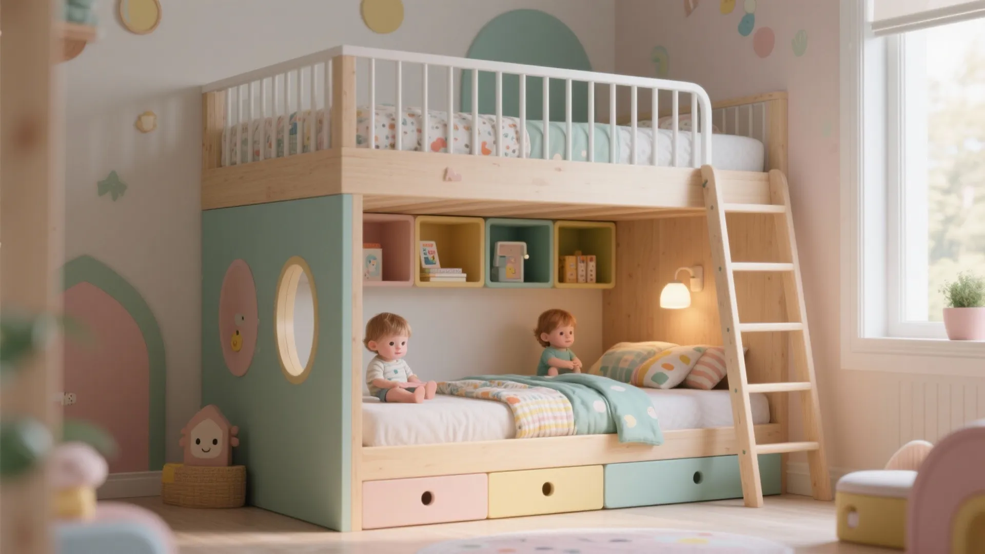 Colorful children bed with storage cubes and ladder in bright room with fun wall art