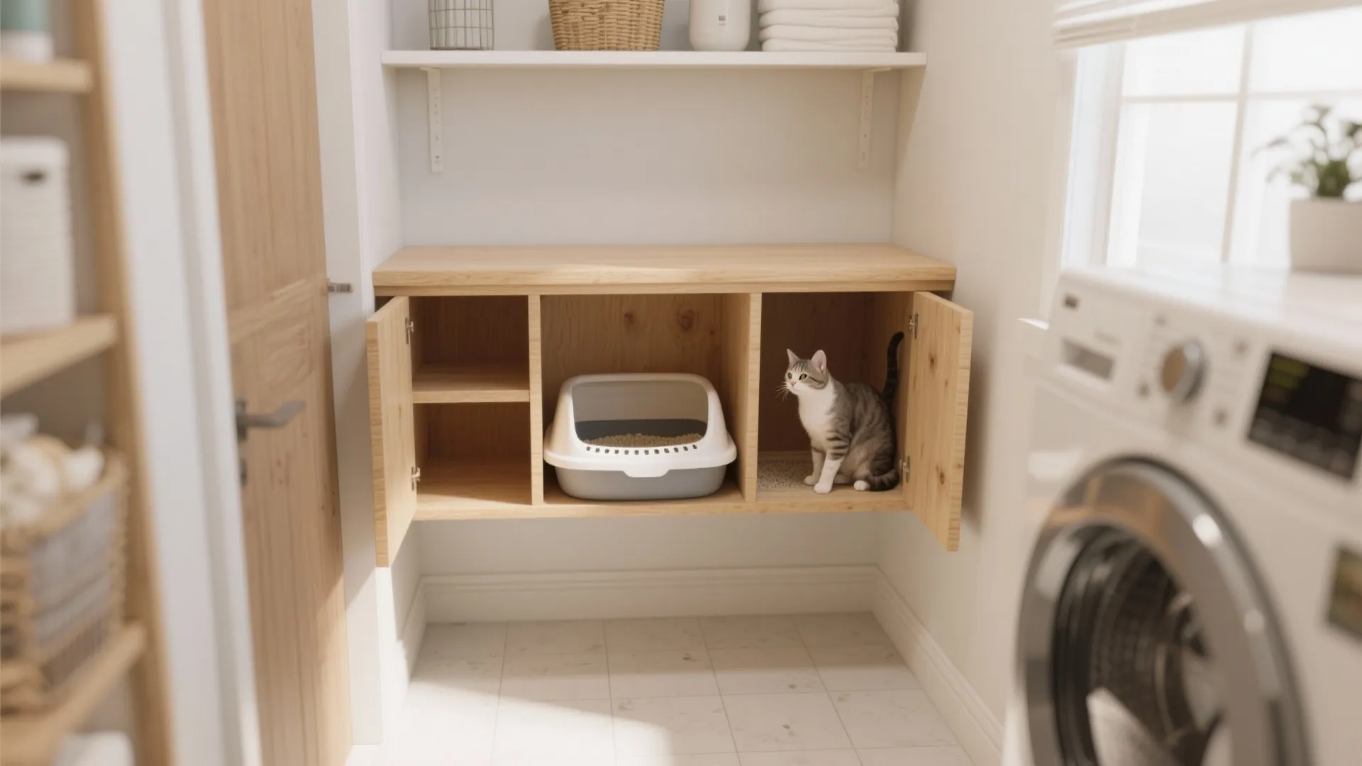 Wooden wall cabinet with open doors showing cat sitting inside next to a white litterbox